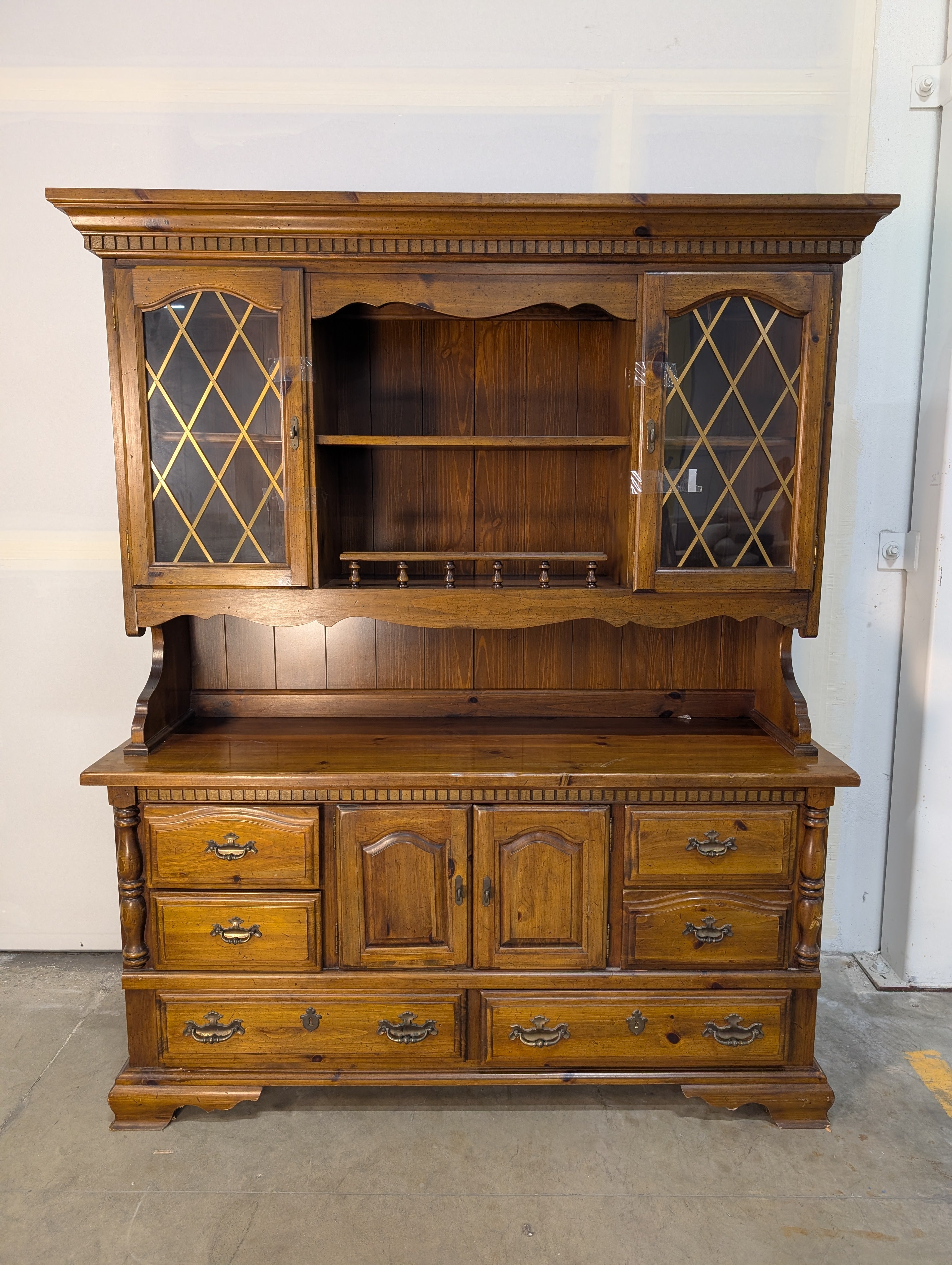 Rustic Hardwood Hutch with Glass-Front Cabinets
