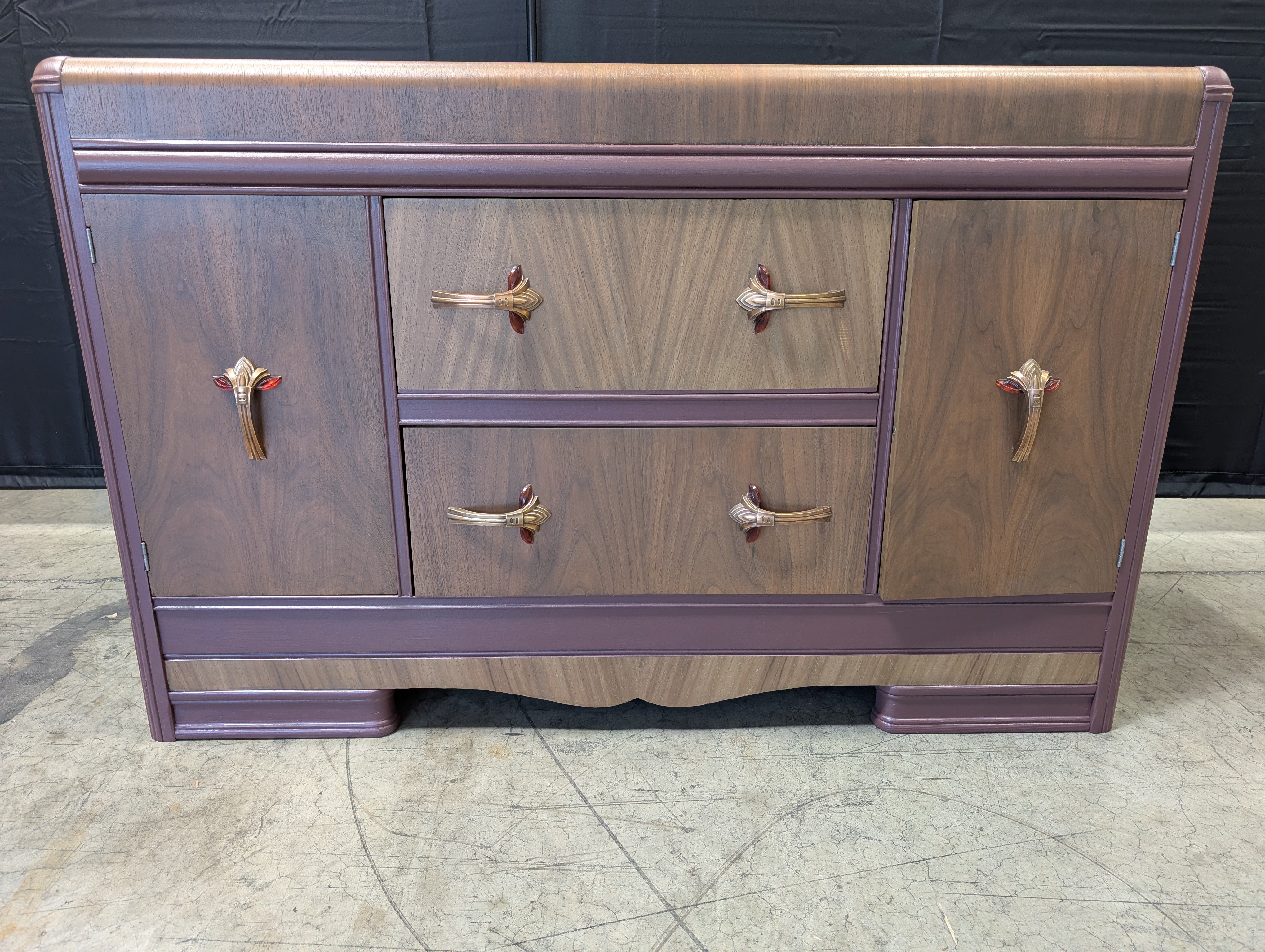 Vintage Art Deco Waterfall Wood Sideboard Cabinet