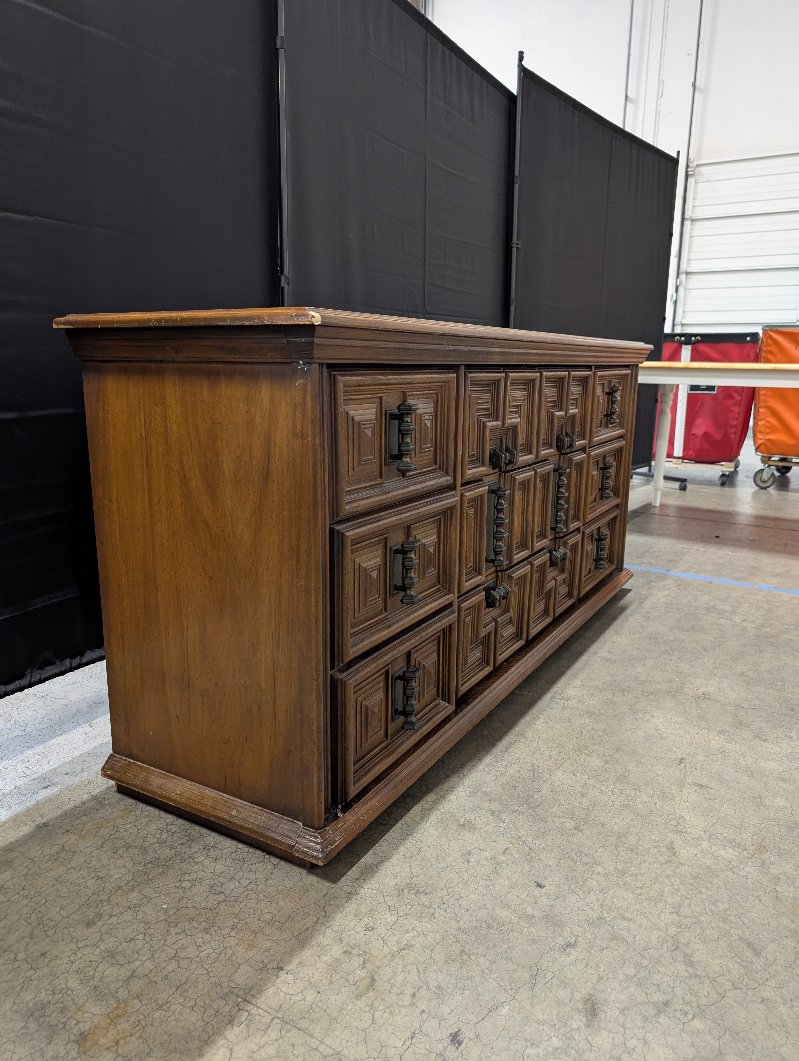 Vintage Carved Wood Long Dresser with Geometric Design