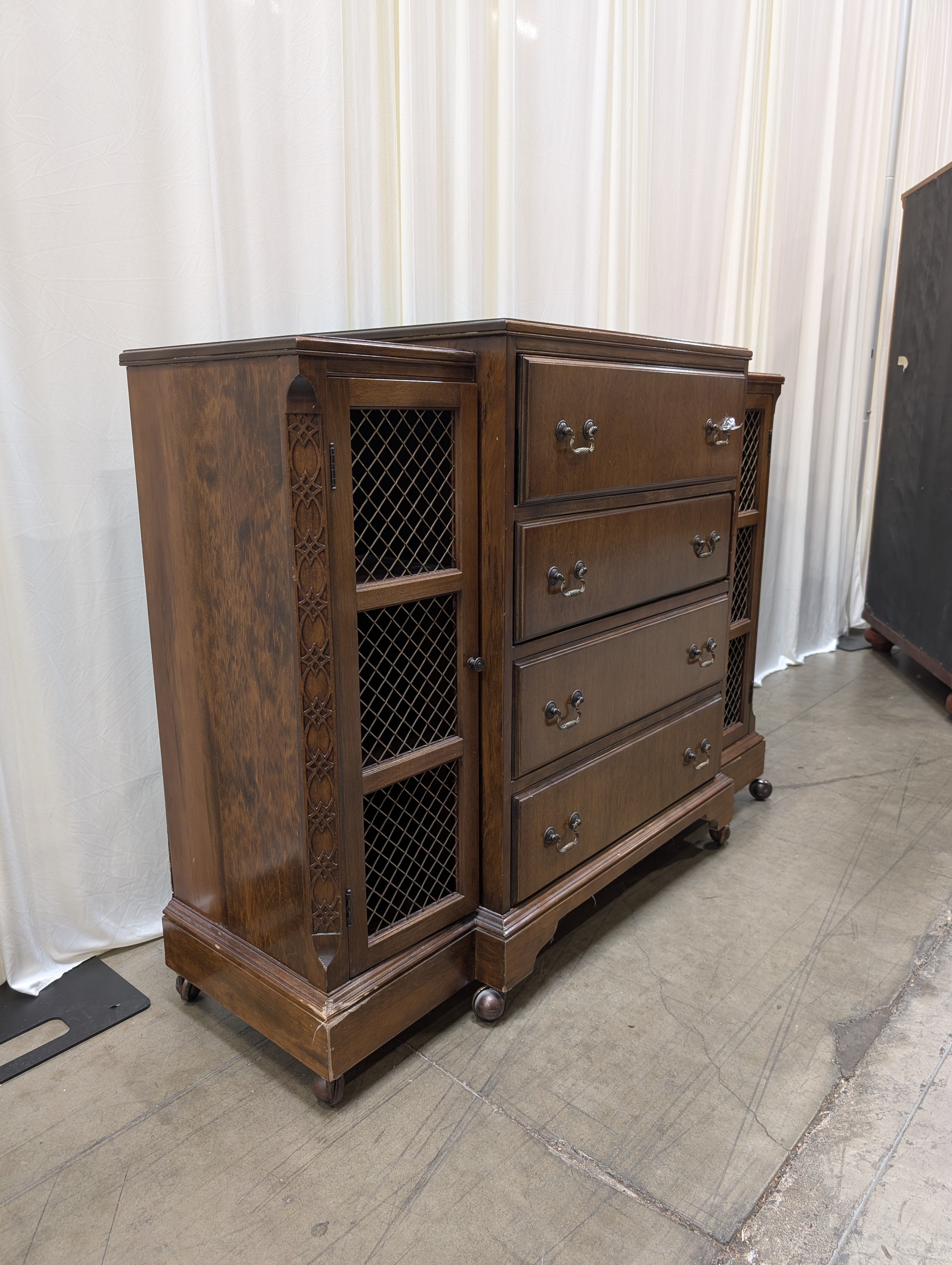 Vintage Stepped Top Wood Secretary Desk with Mesh Doors