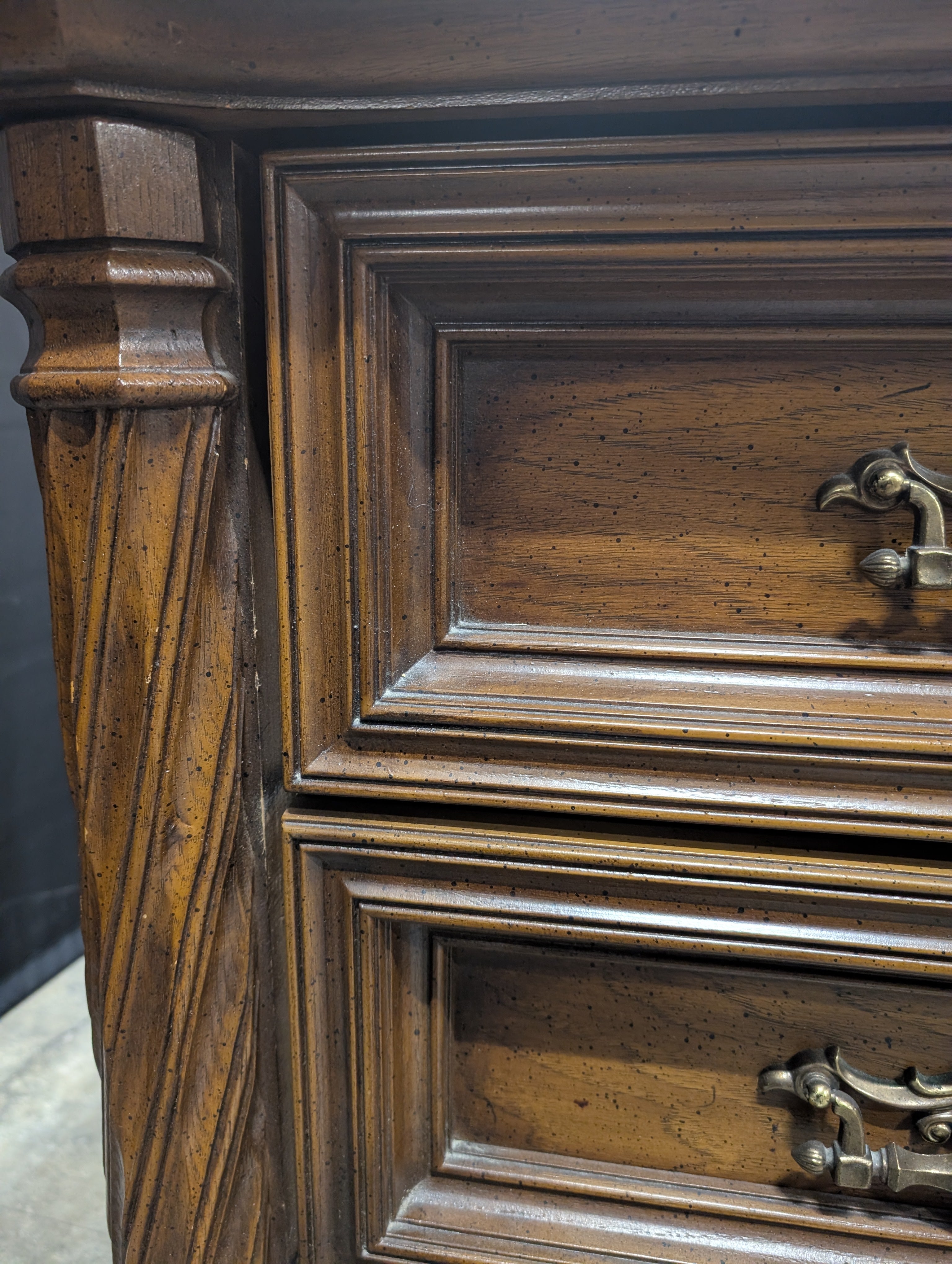 Ornate Traditional Dark Wood Dresser with Nine Drawers and Two Carved Mirrors
