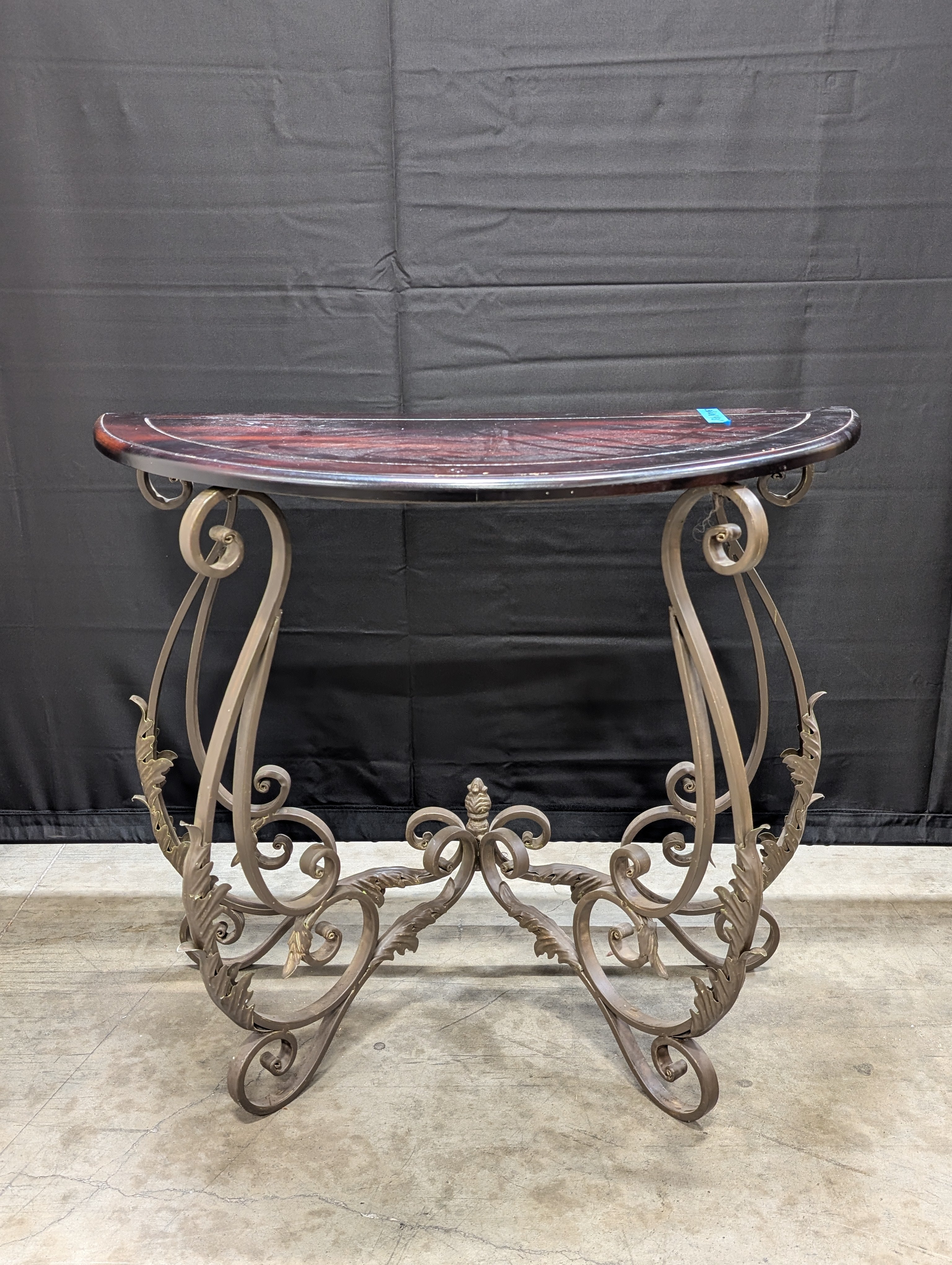 Demilune Console Table with Dark Wood Top and Scroll Metal Base