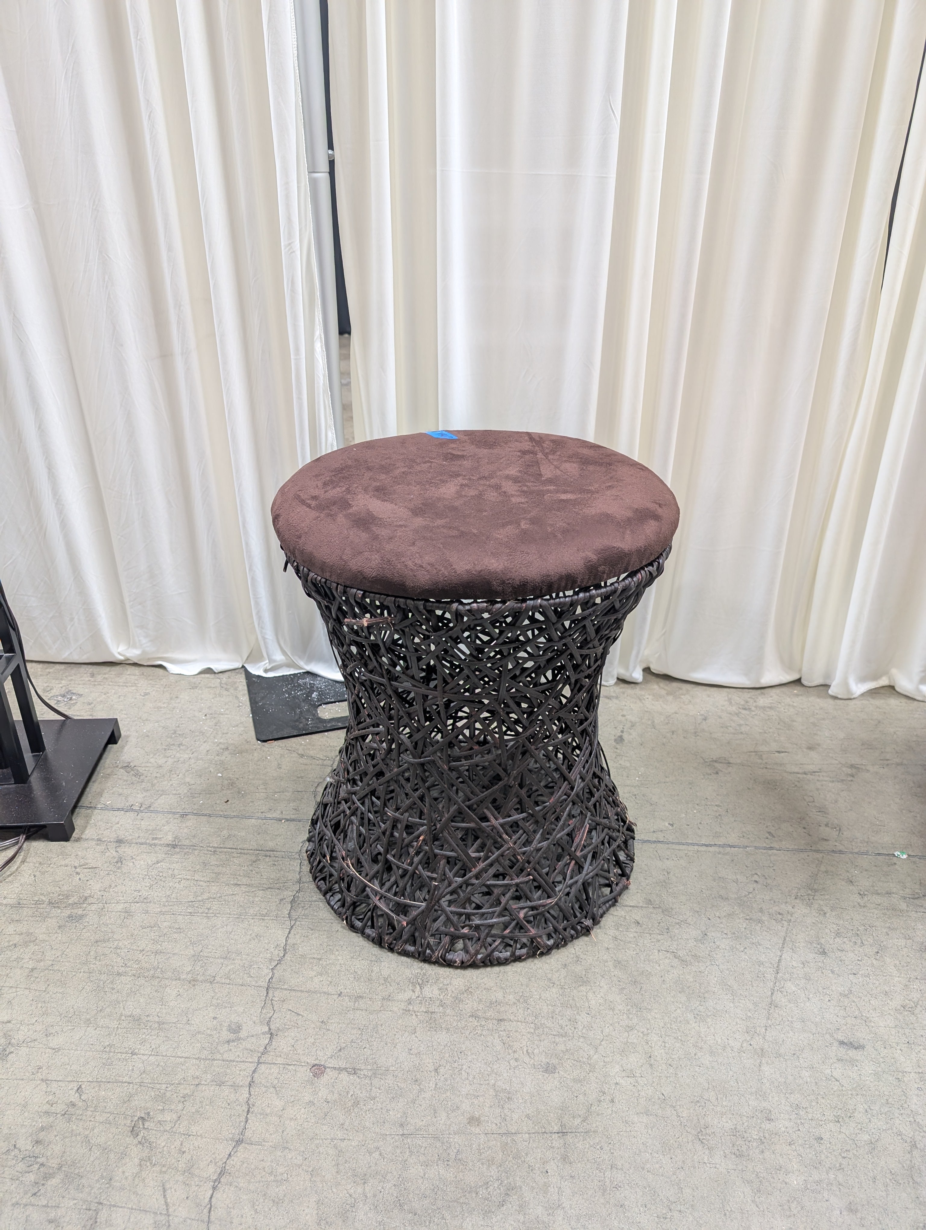 Round Velvet Ottoman with Woven Base