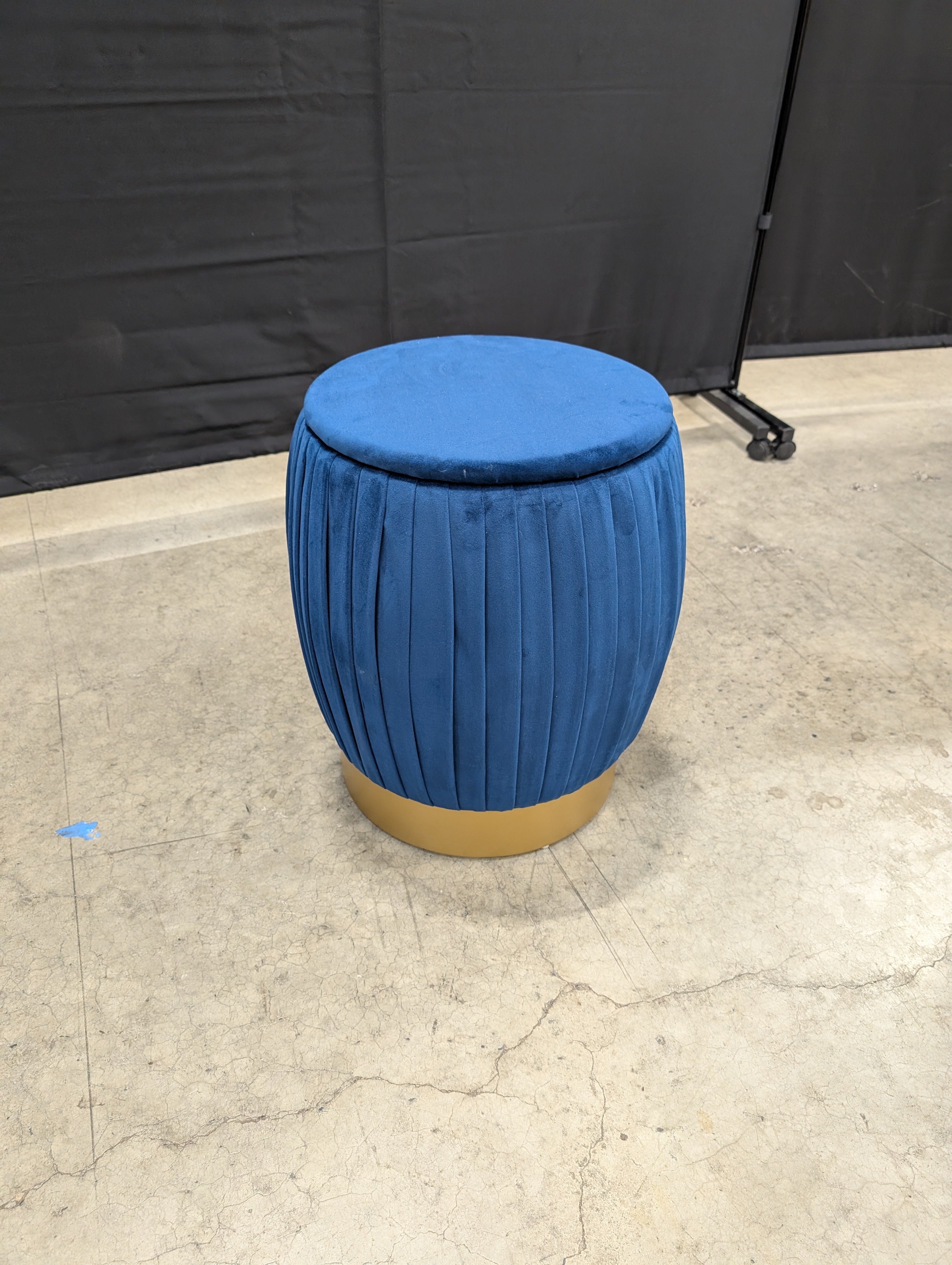 Plush Blue Velvet Pleated Storage Ottoman with Gold Base