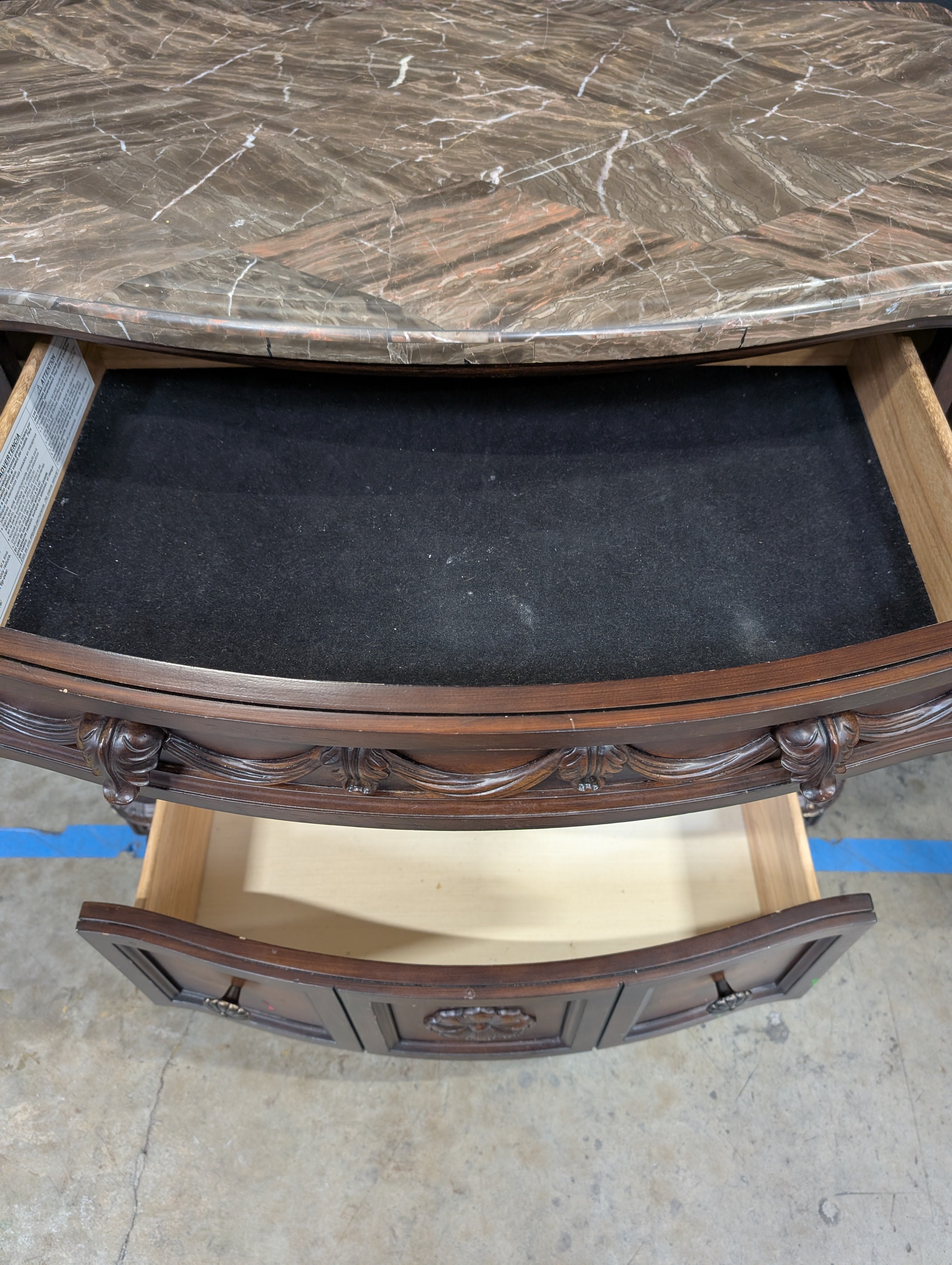 Carved Dark Wood Nightstand with Marble Top