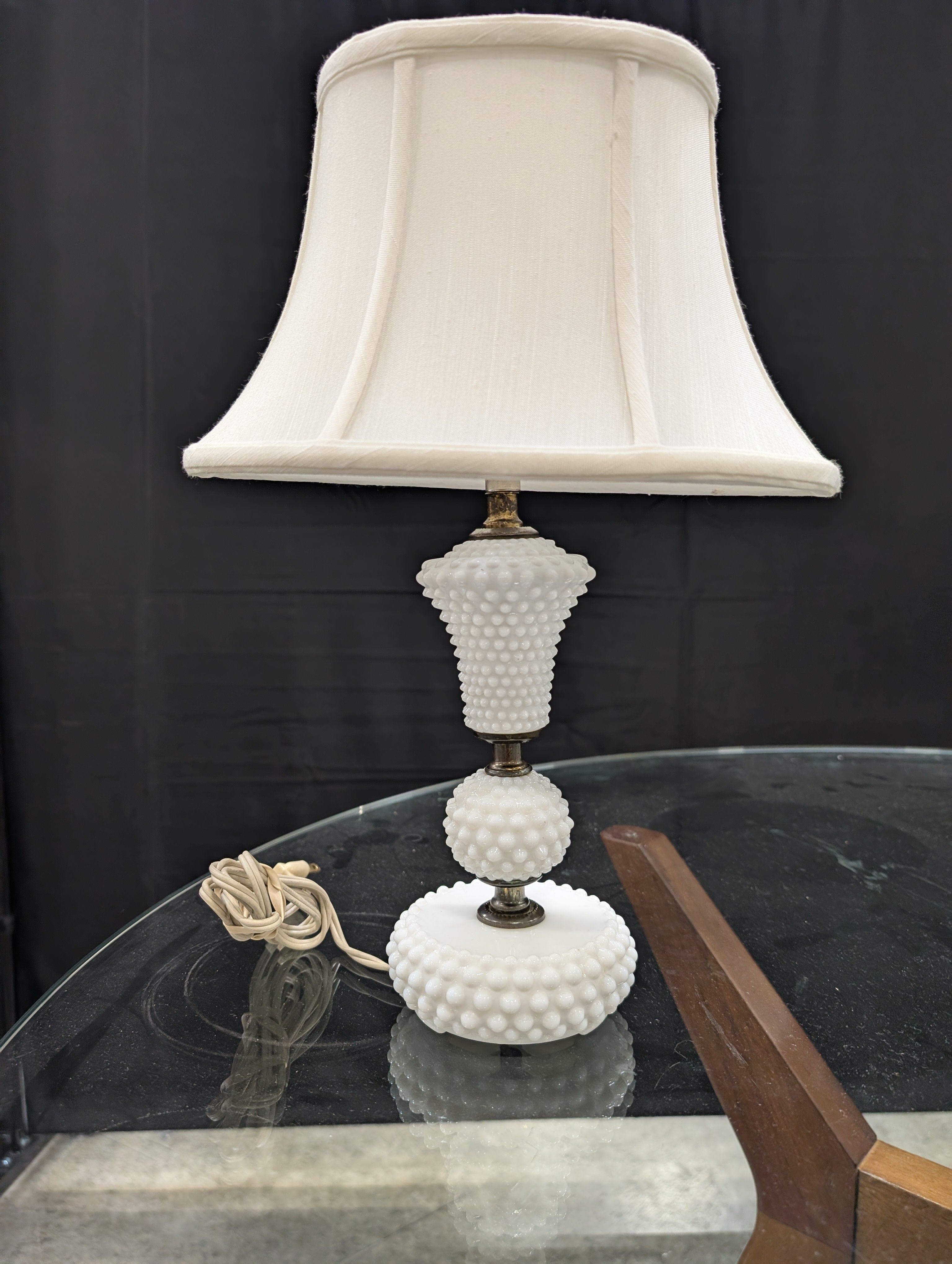 Vintage White Hobnail Milk Glass Table Lamp with Fabric Shade