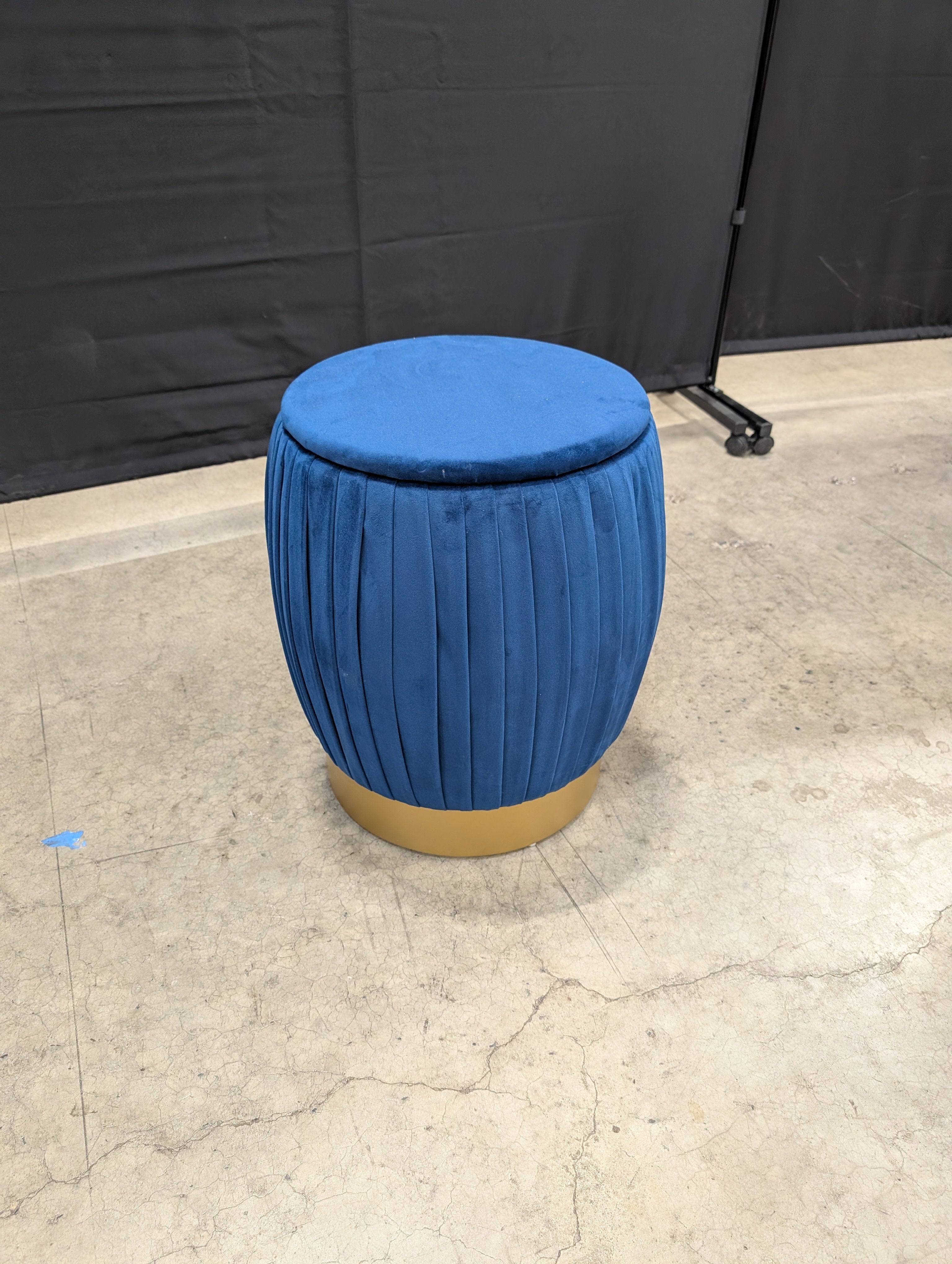 Plush Blue Velvet Pleated Storage Ottoman with Gold Base