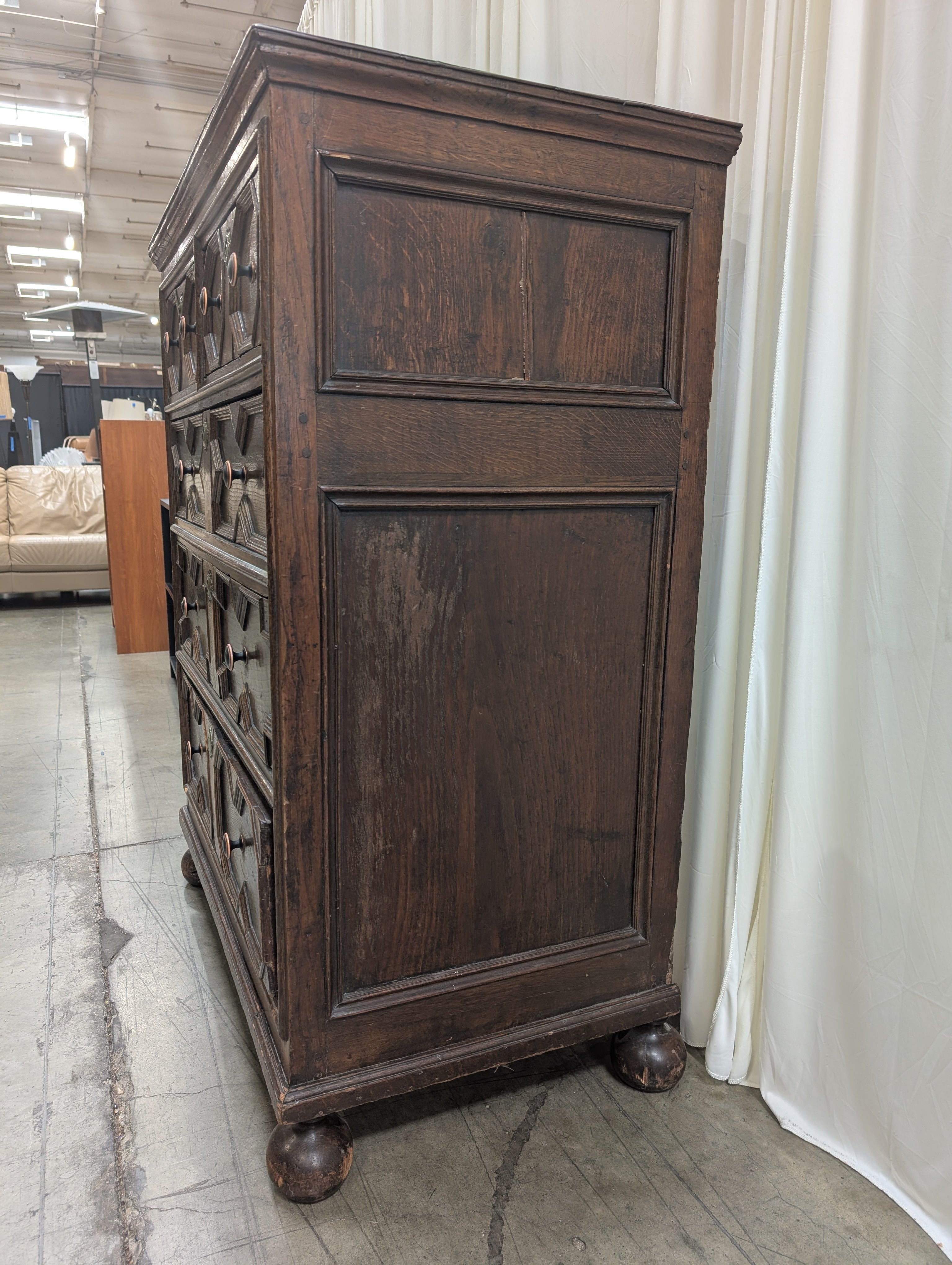 Antique Style Geometric Paneled Dresser in Dark Wood