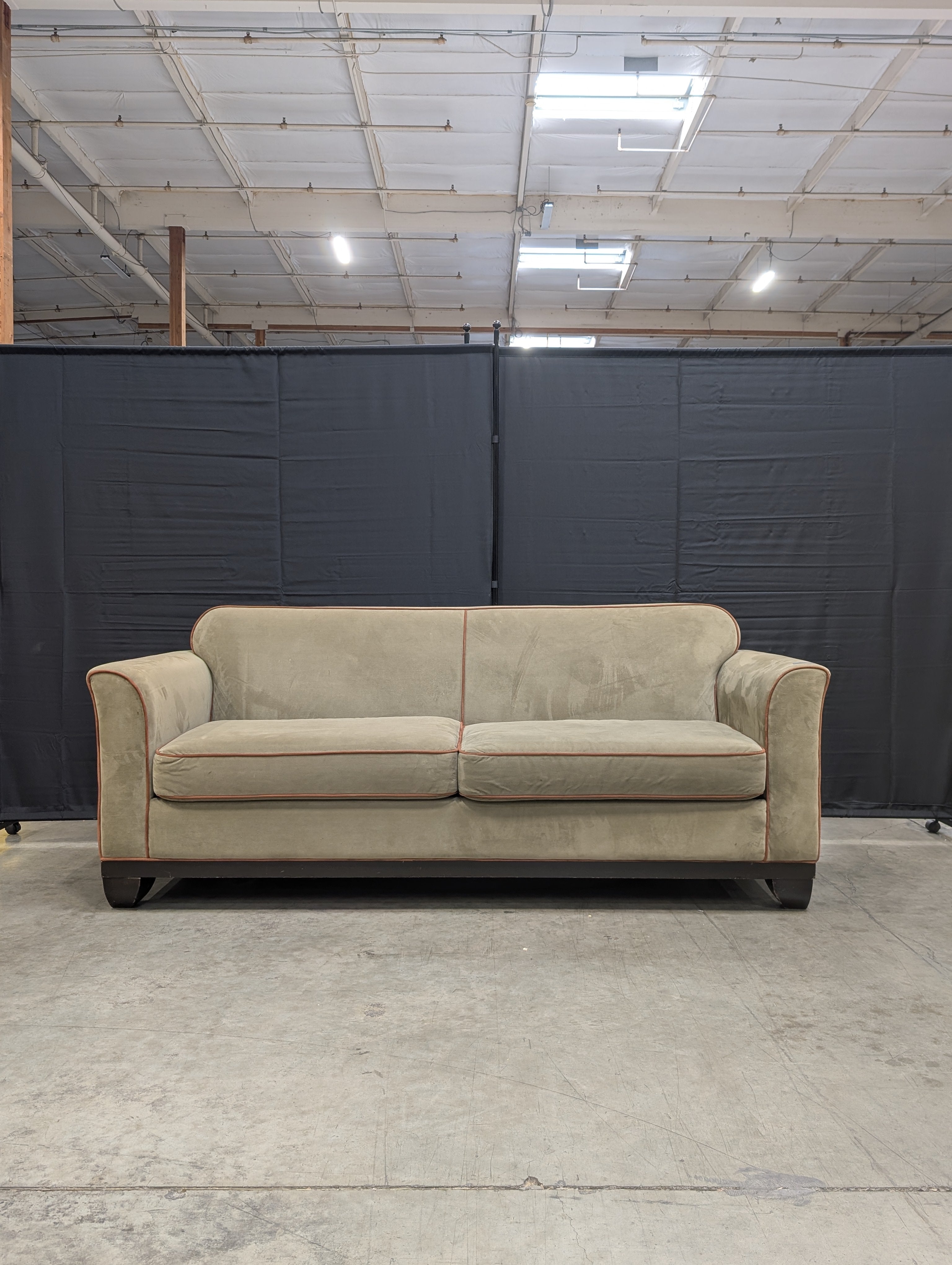 Contemporary Greige Fabric Sofa with Contrasting Red Piping