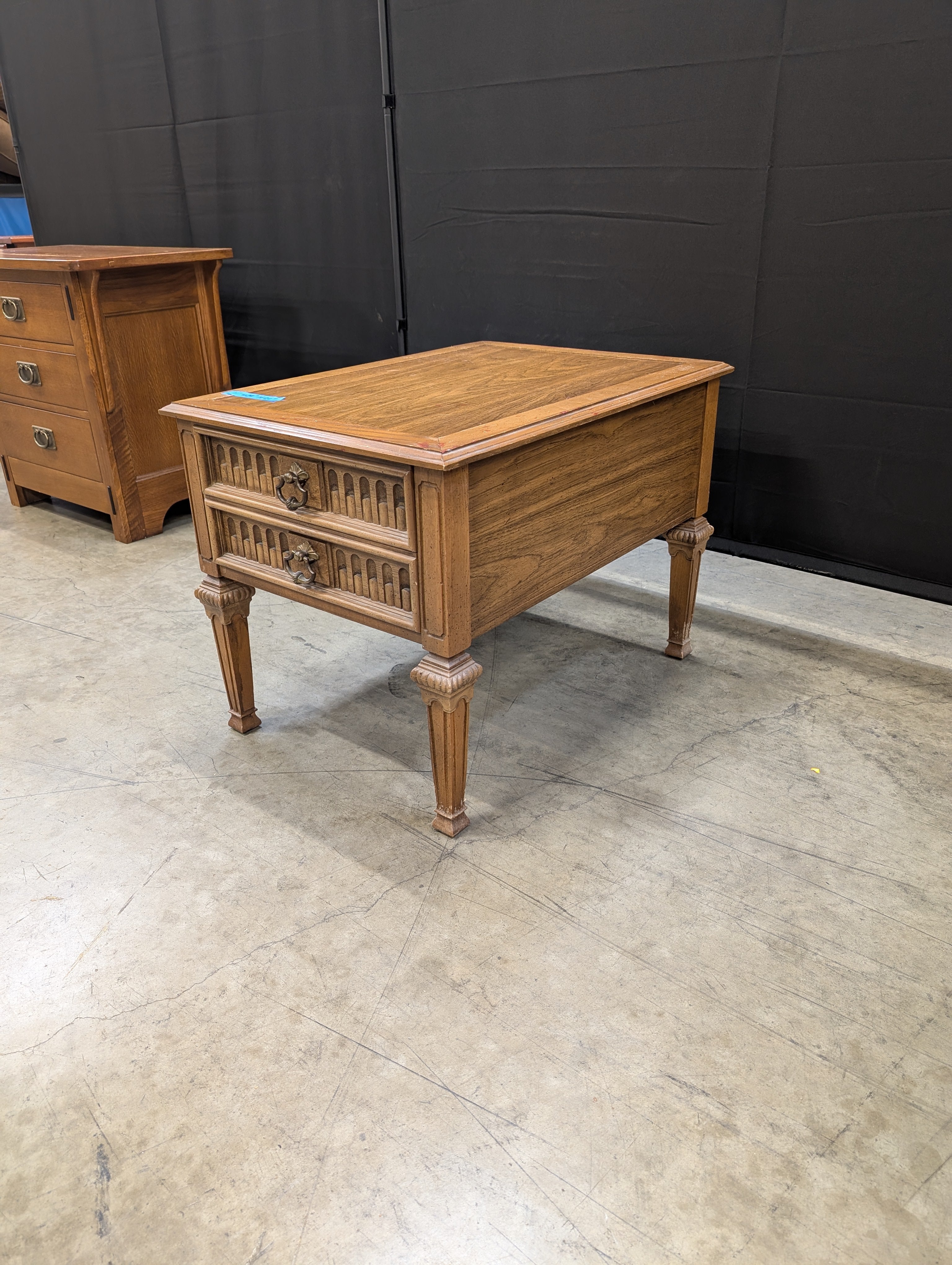 Vintage Carved Hardwood Two-Drawer Nightstand