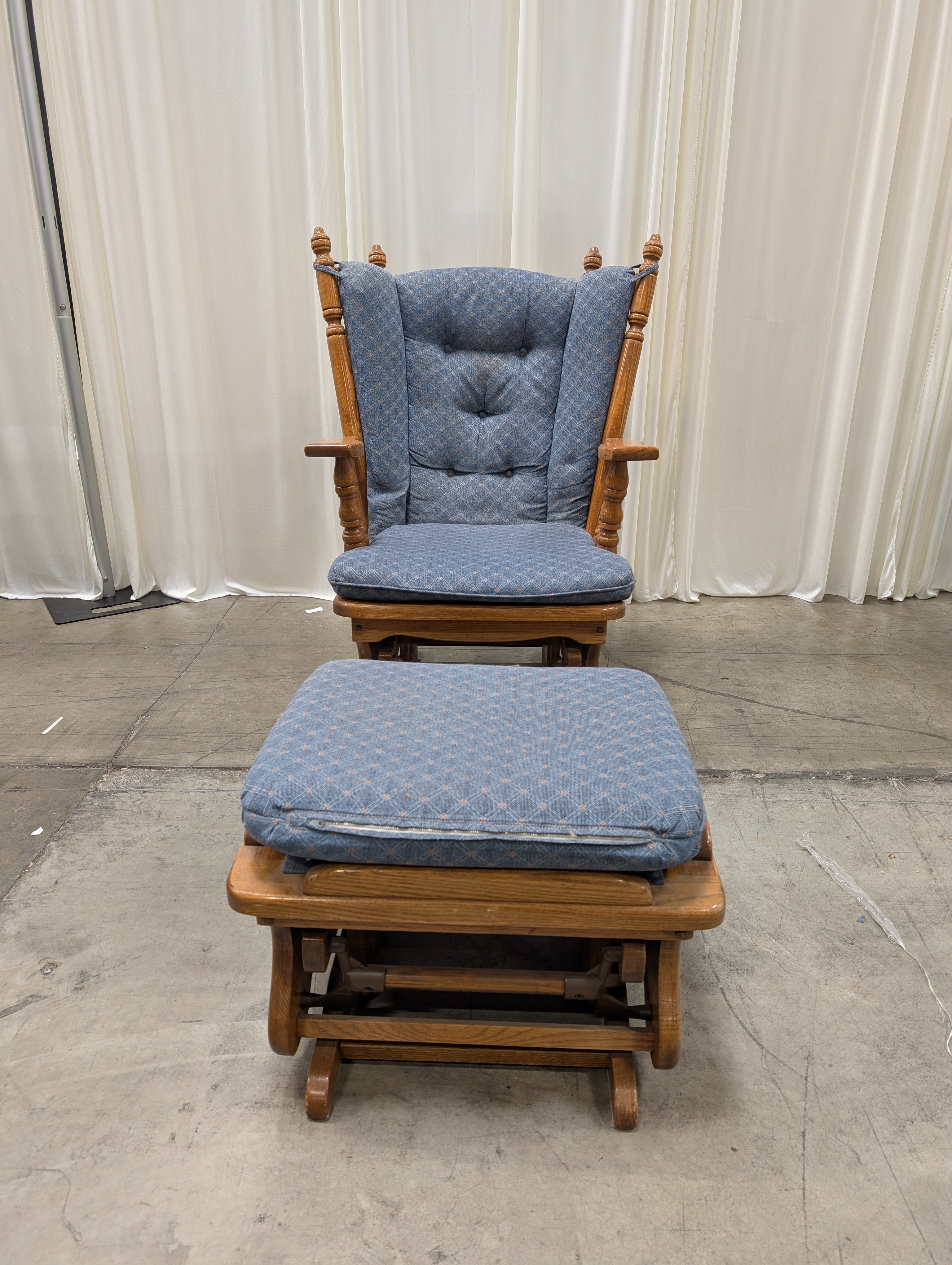 Blue Patterned Glider Chair with Matching Ottoman