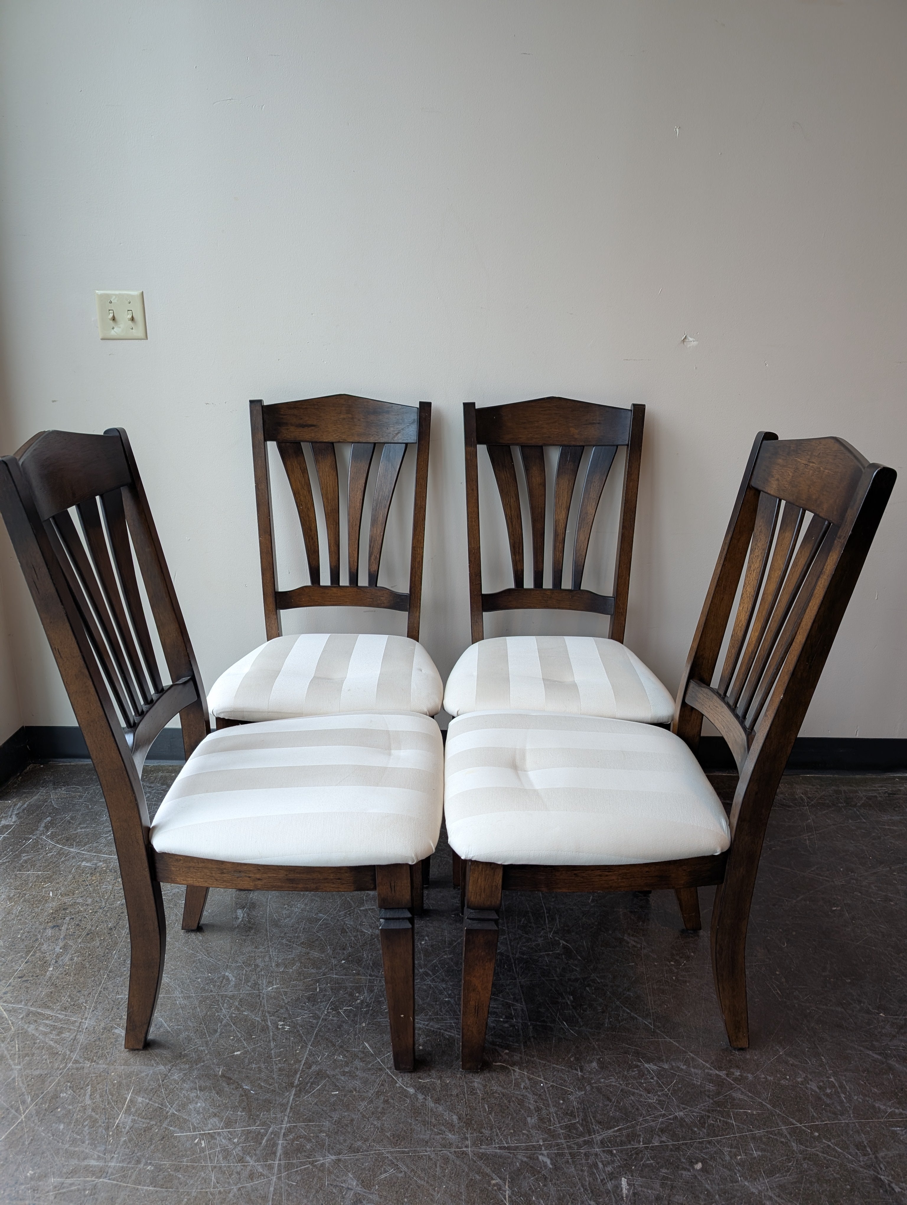 Set of Four- Rich Toned Wood Dining Chairs with Cream Upholstered Seats