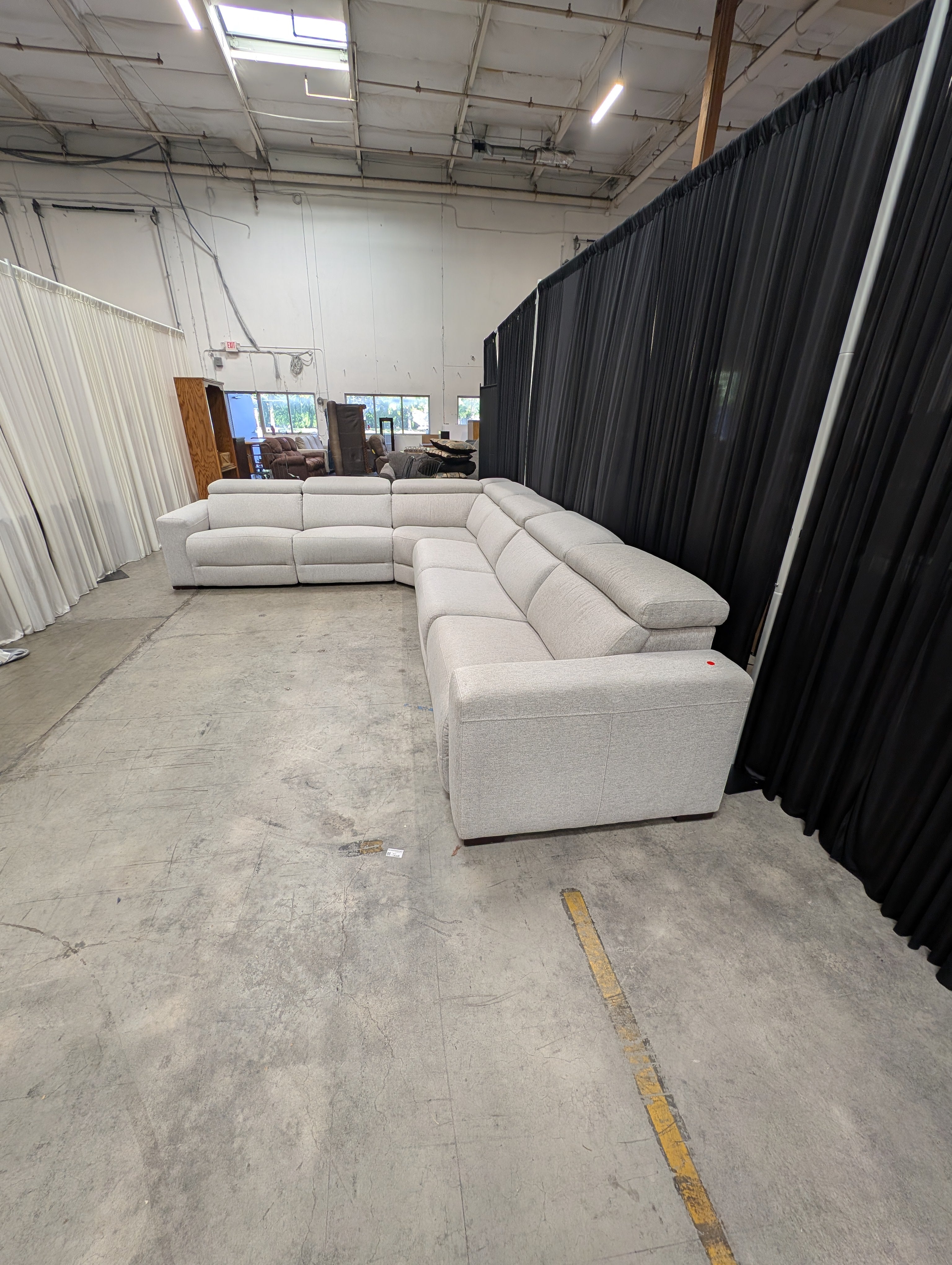 Macy's Nevio 6 Piece Fabric Power Reclining Sectional, 3 Power Recliners with Power Headrests, Light Gray Mineral