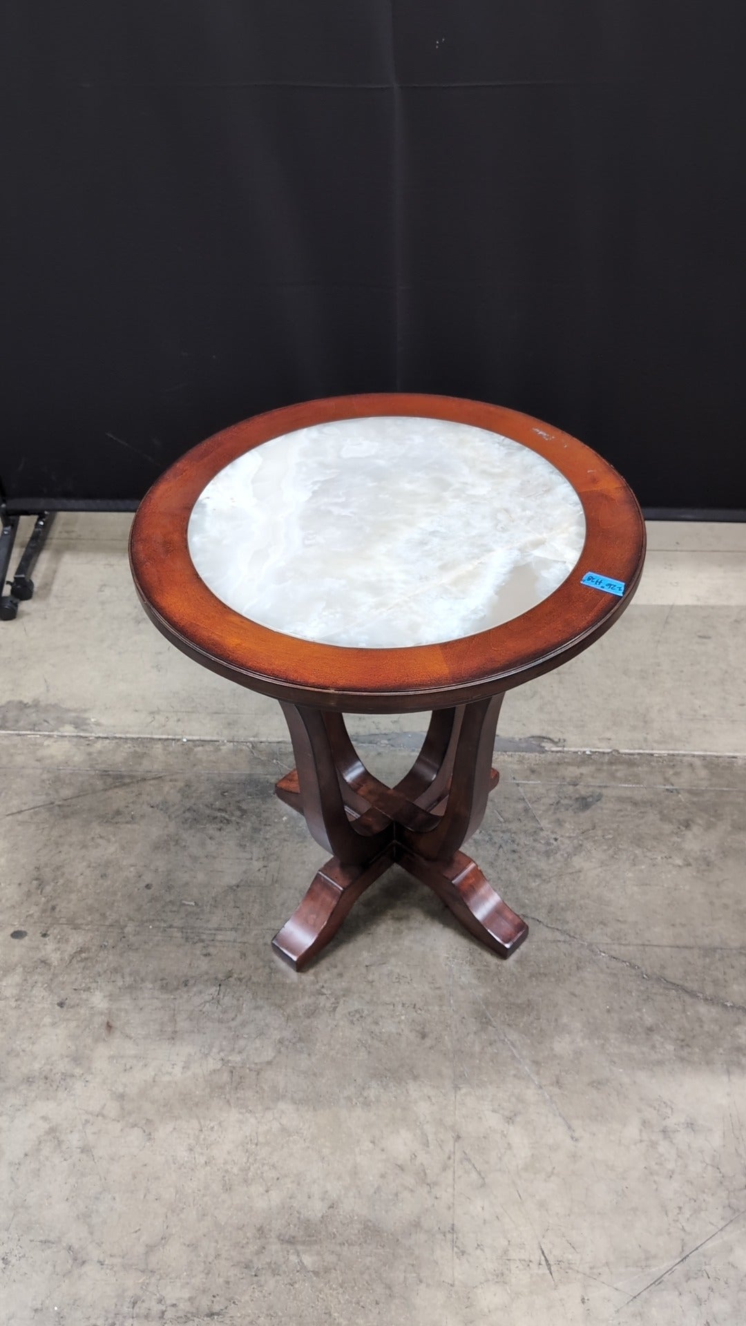 Round Wood Pedestal End Table with Inlaid Stone Top