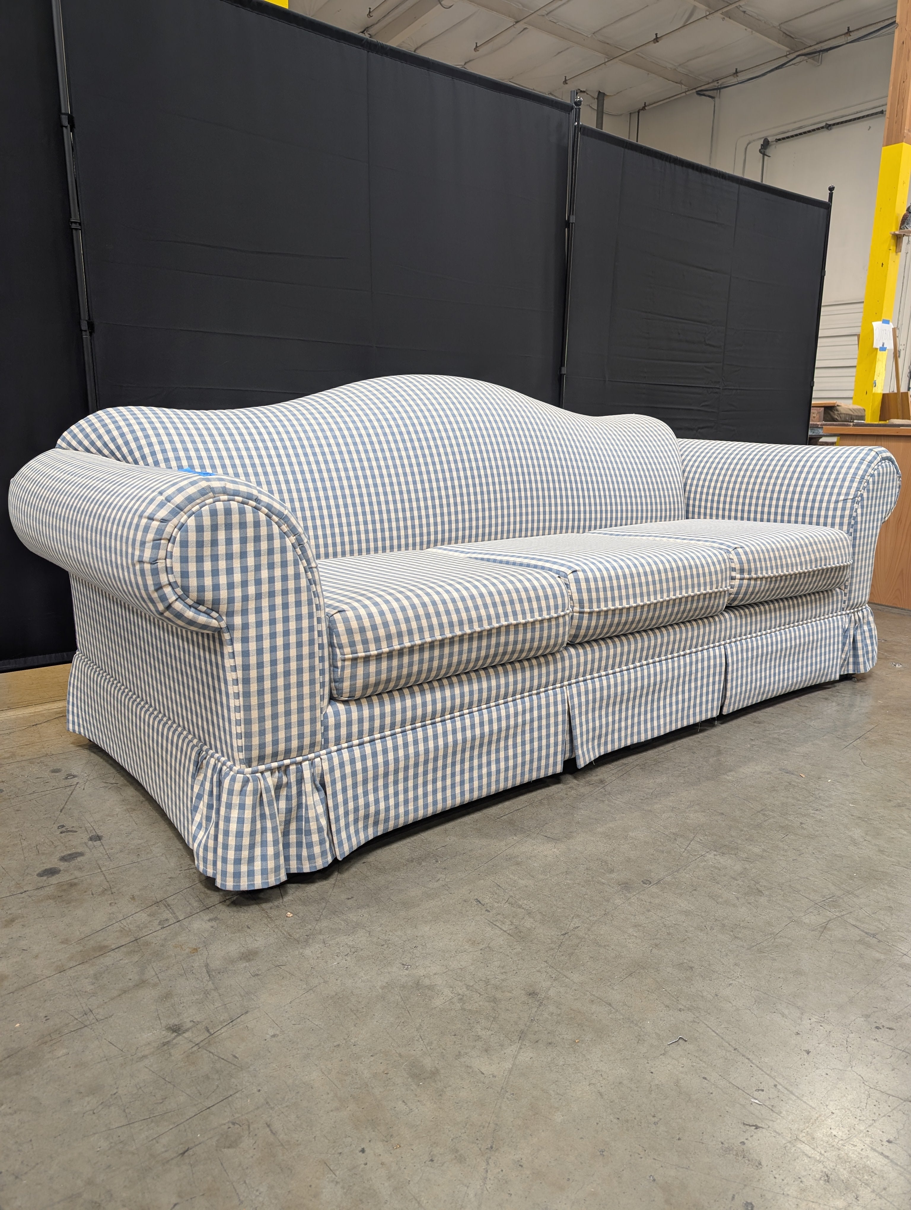 Blue Gingham Bassett Furniture Three-Seater Sofa with Rolled Arms Used