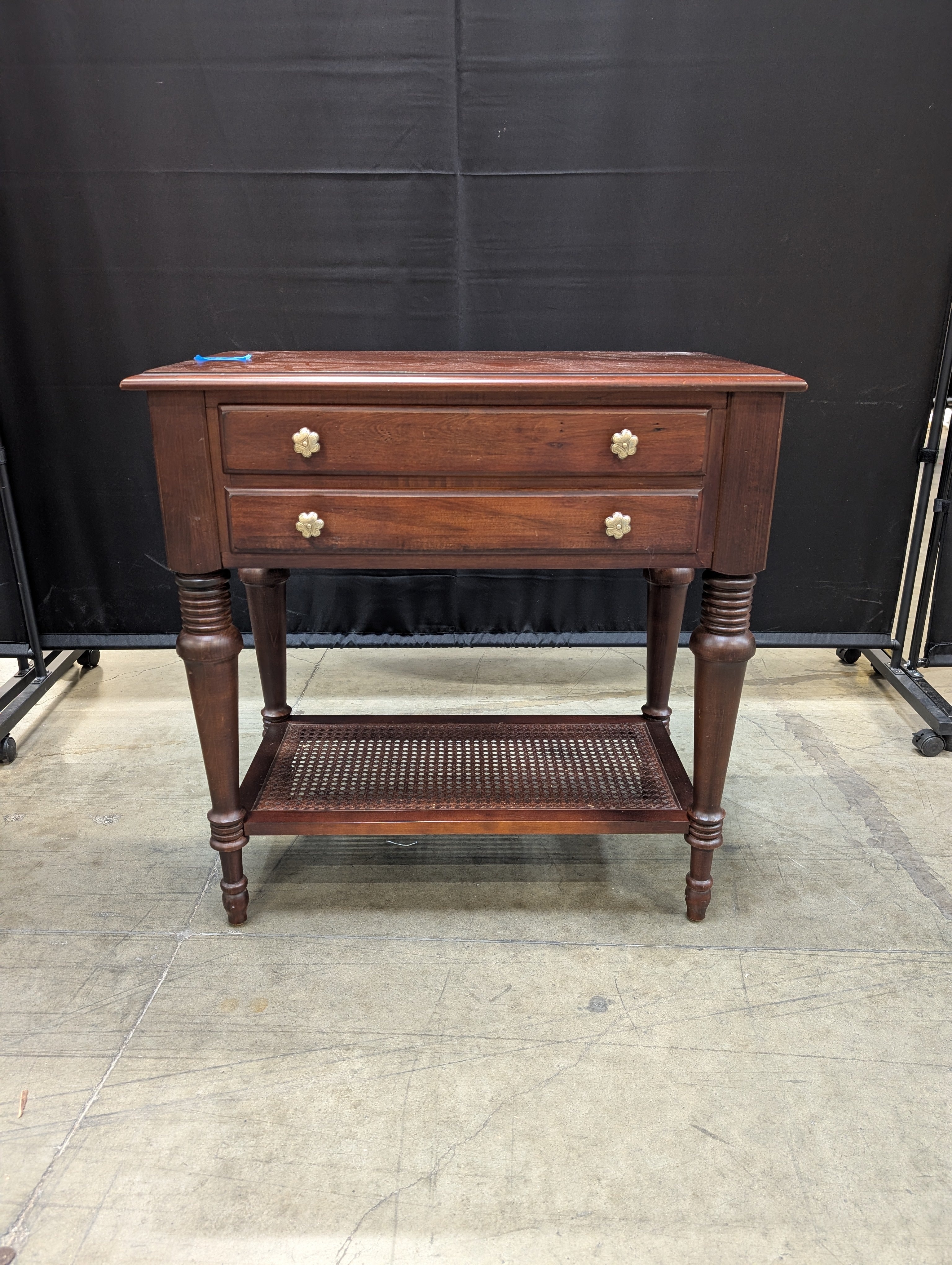 Mahogany Finish Wood ETHAN ALLEN Side Table with Cane Shelf