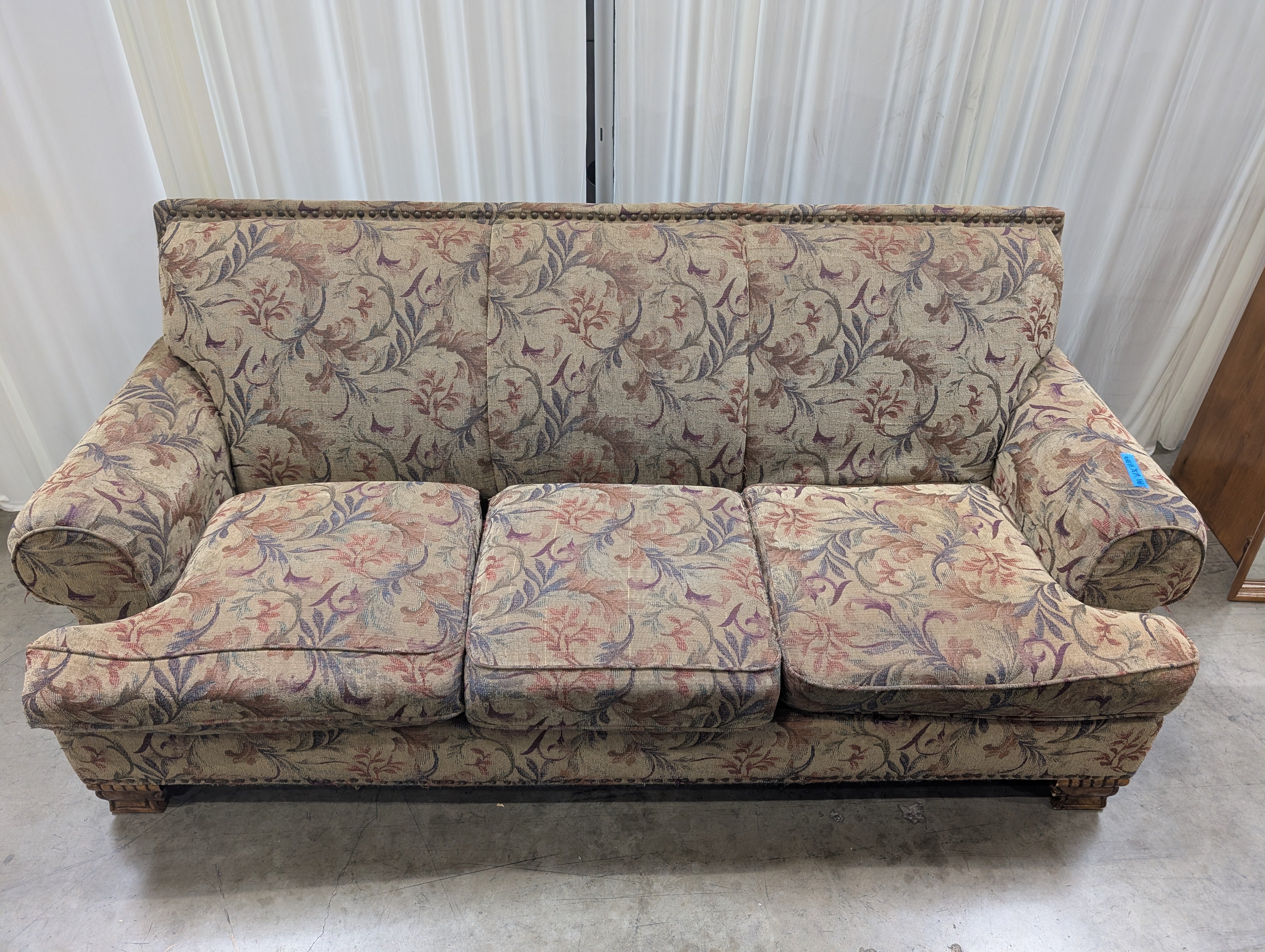 Traditional Patterned Fabric Rolled Arm Couch with Nailhead Trim