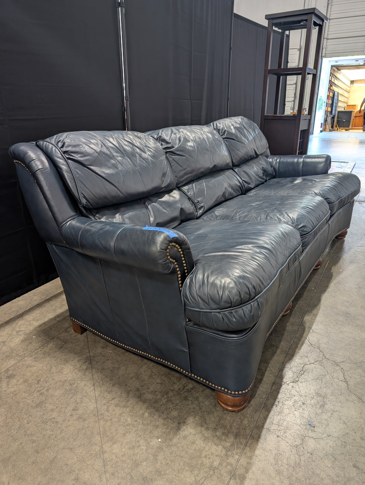 Drexel Dark Blue Leather Three-Cushion Couch with Nailhead Trim