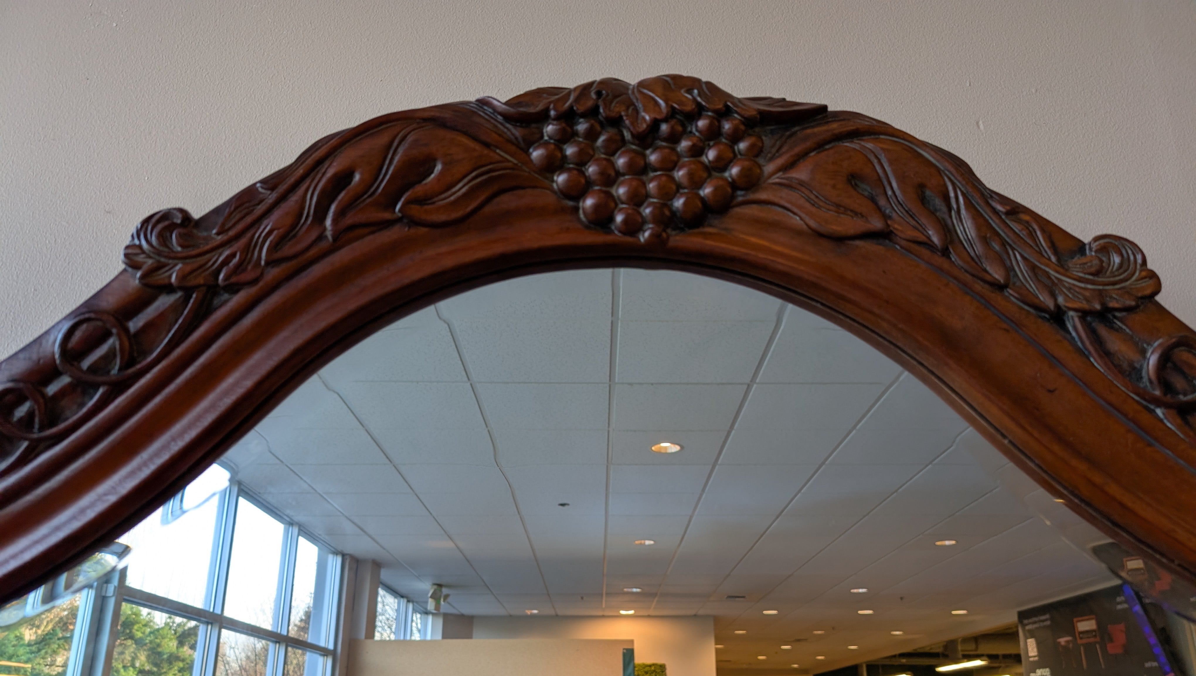 Ornate Dark Wood Dresser with Arched Mirror
