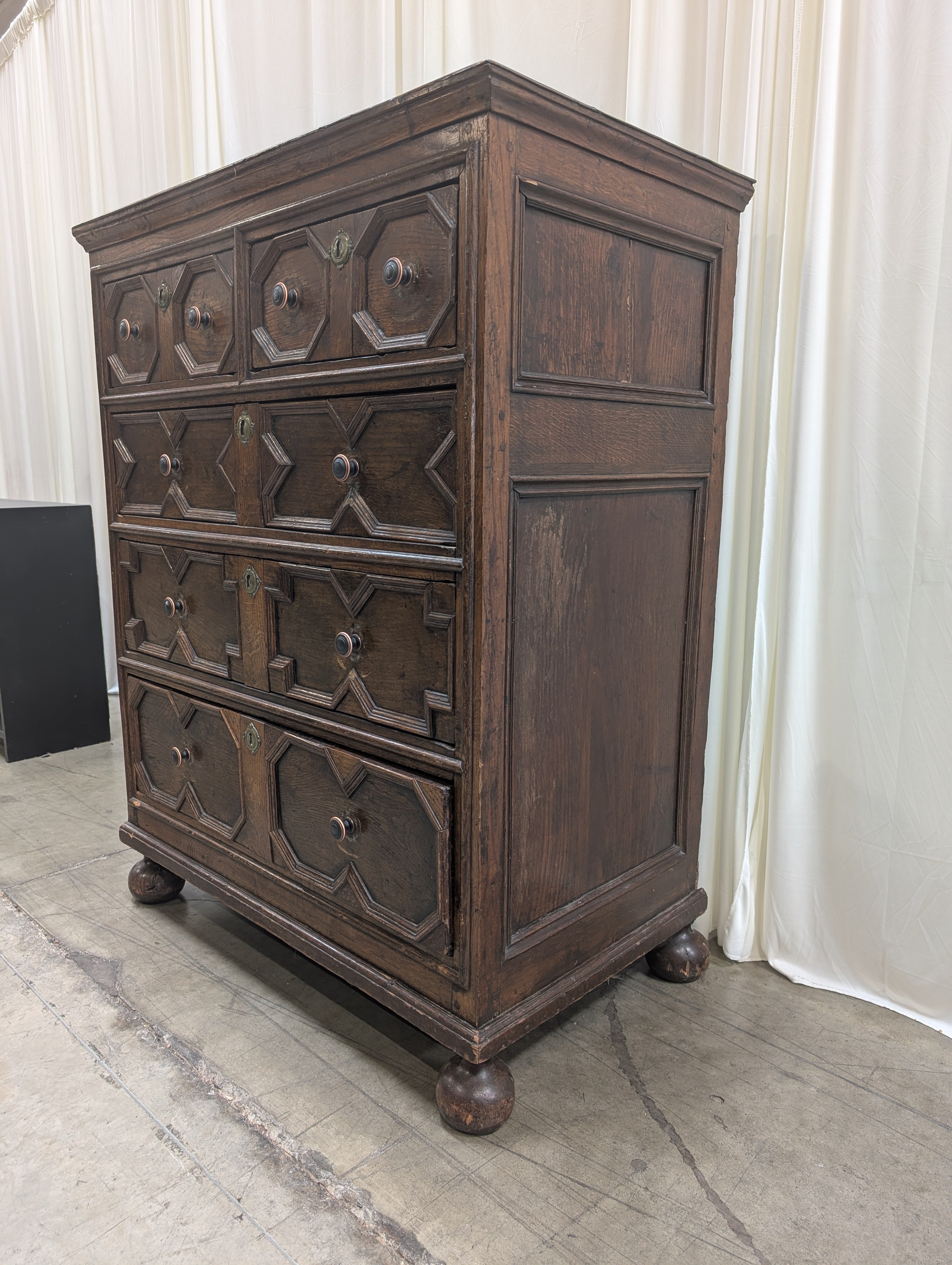 Antique Style Geometric Paneled Dresser in Dark Wood