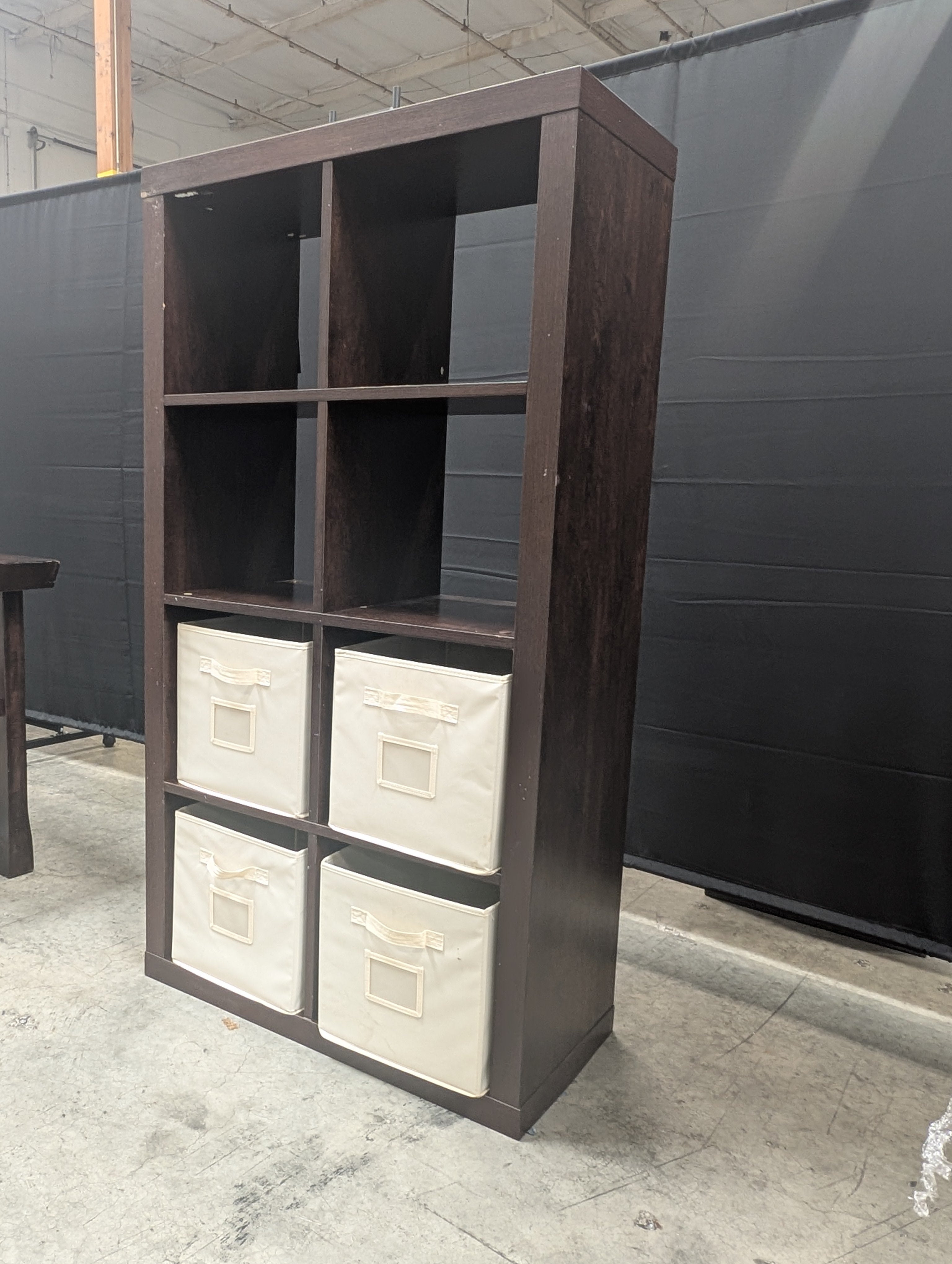 Dark Brown Cube Storage Bookcase with Four Fabric Bins