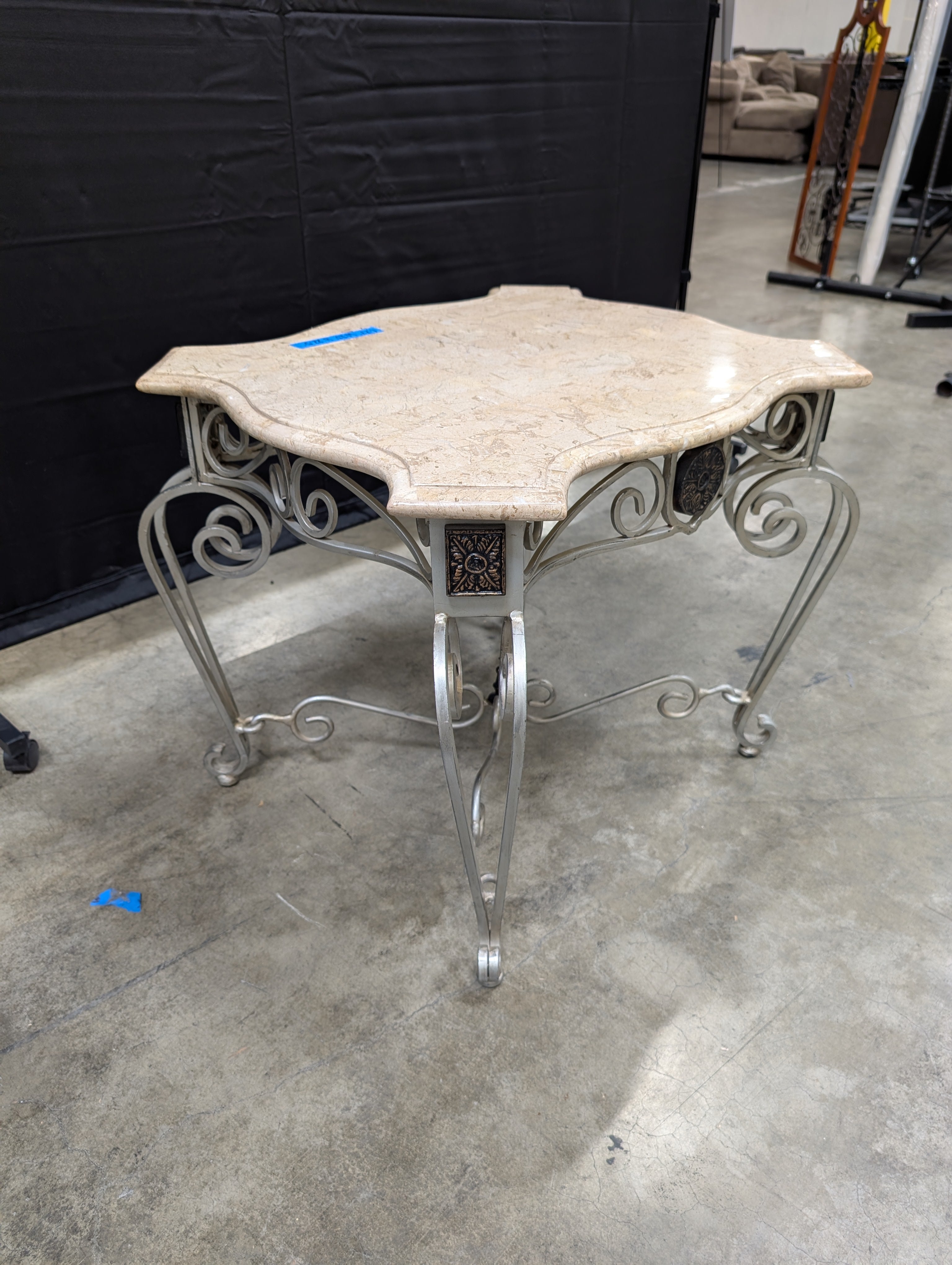 Ornate Metal End Table with Stone Top