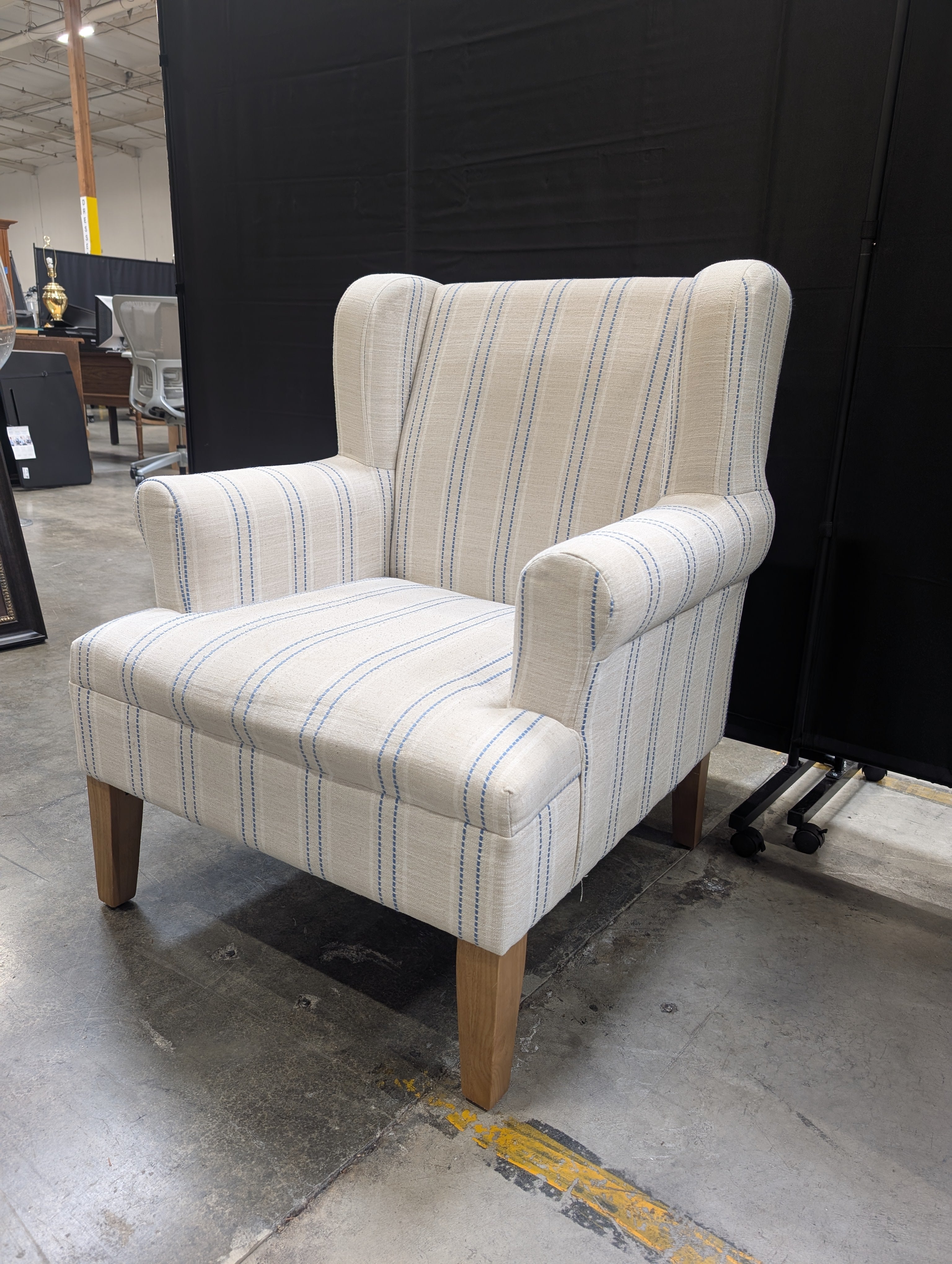 Upholstered Wingback Armchair with Blue Stripes