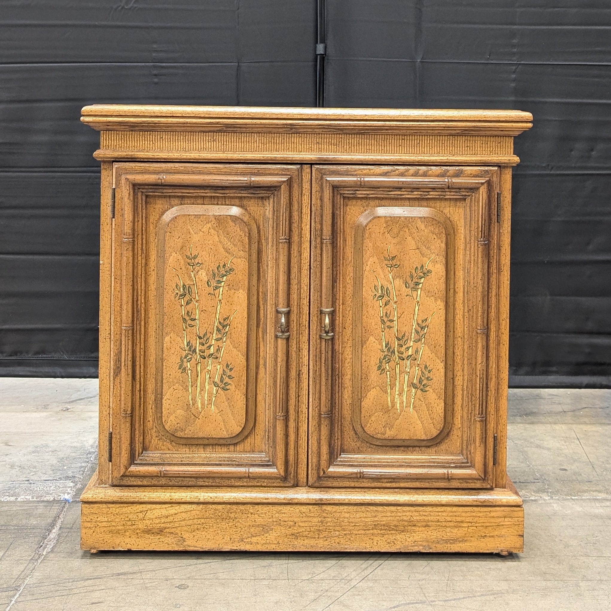 Vintage Chinoiserie Wood Storage Cabinet with Painted Bamboo Motif