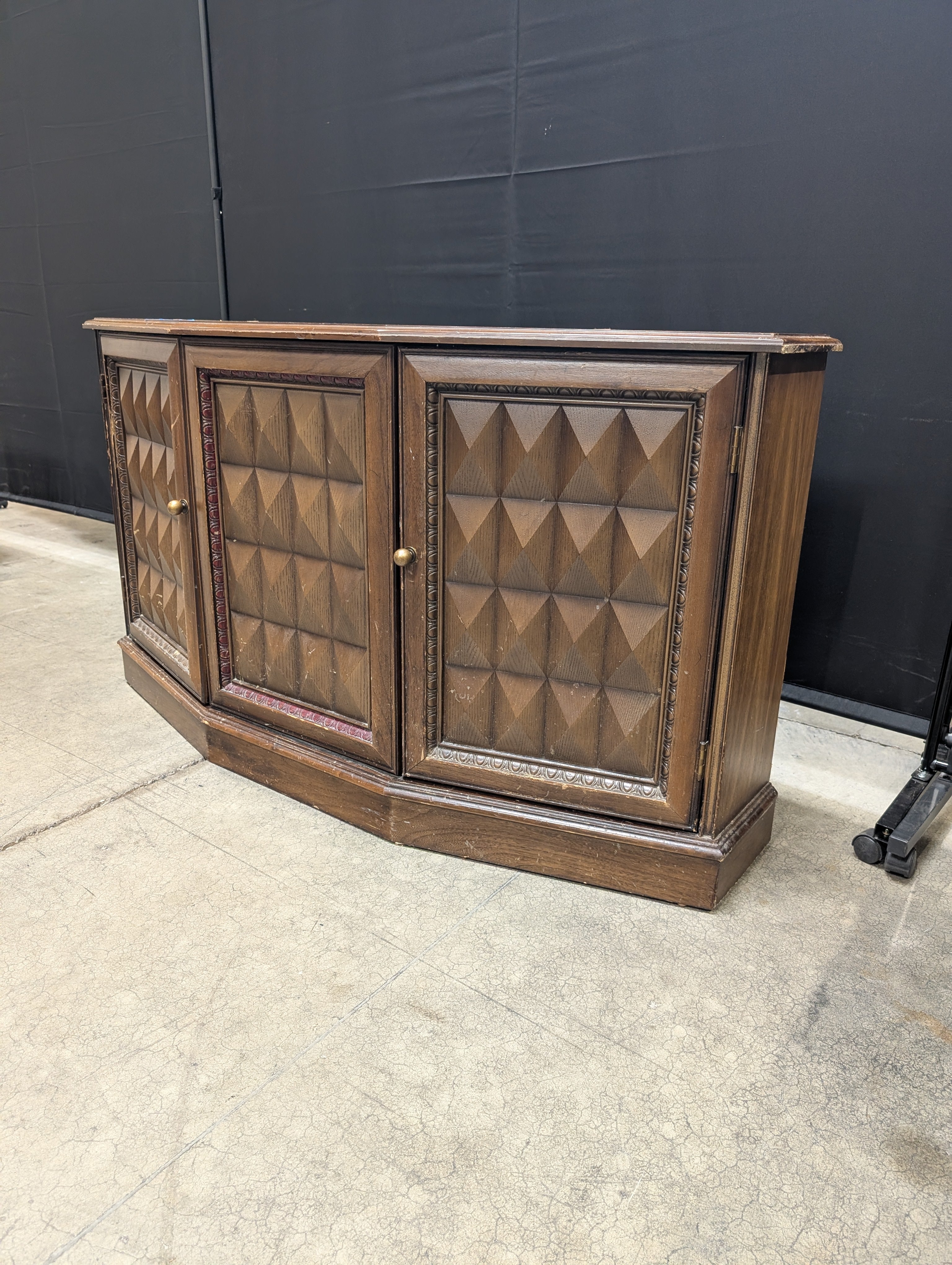 Vintage Dark Wood Corner Storage Cabinet with Geometric Doors