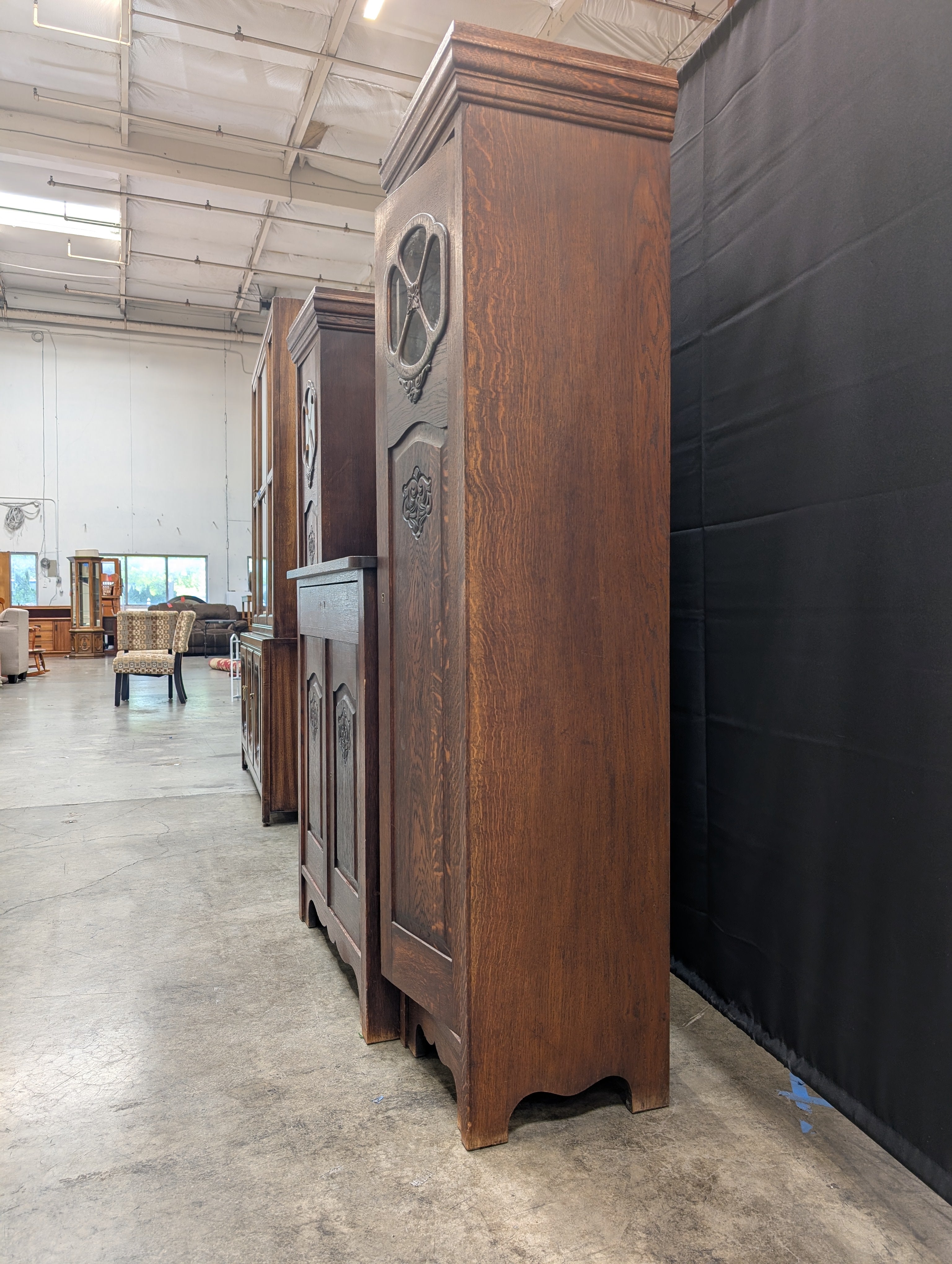 Carved Dark Wood China Cabinet with Mirror