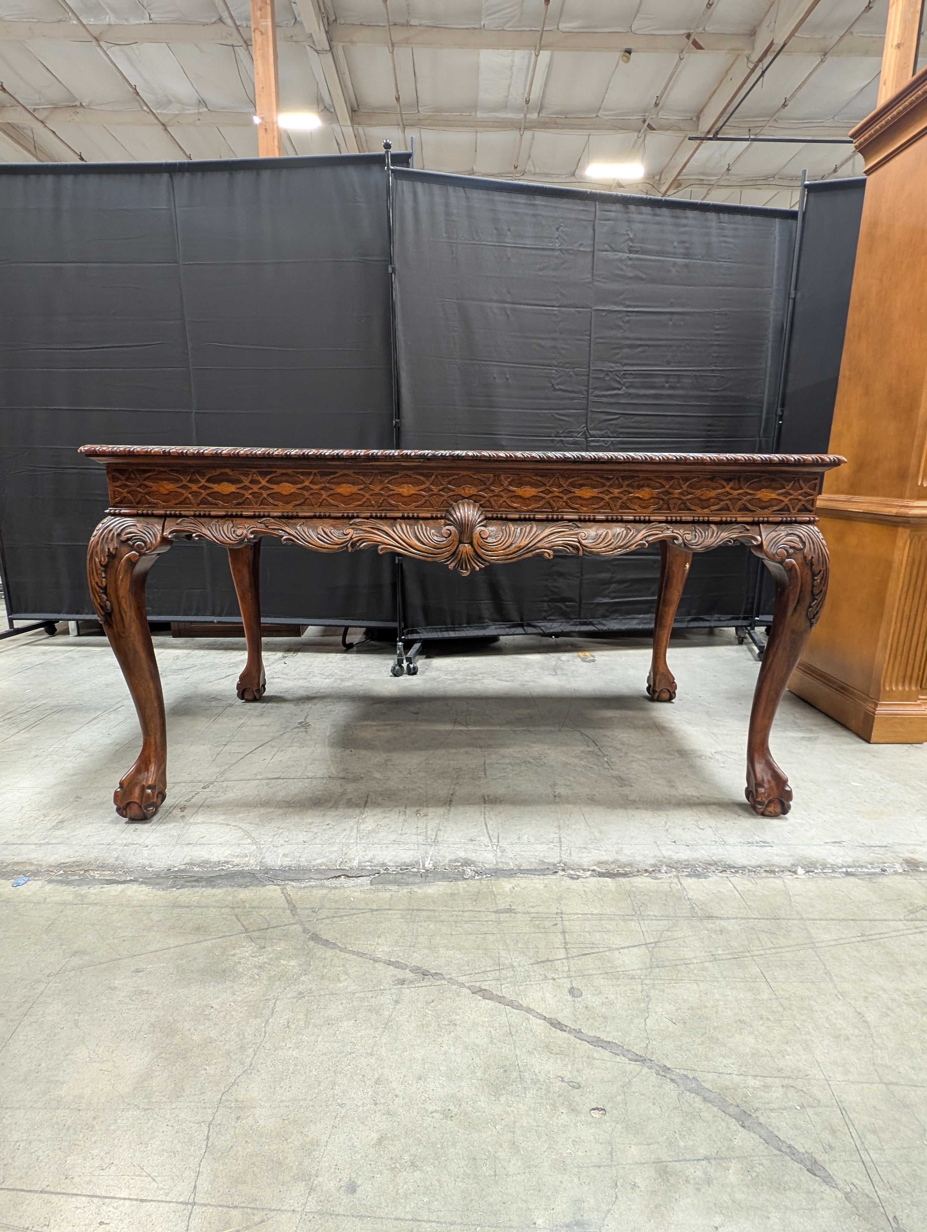 Vintage Carved Leg Wooden Table with Drawer
