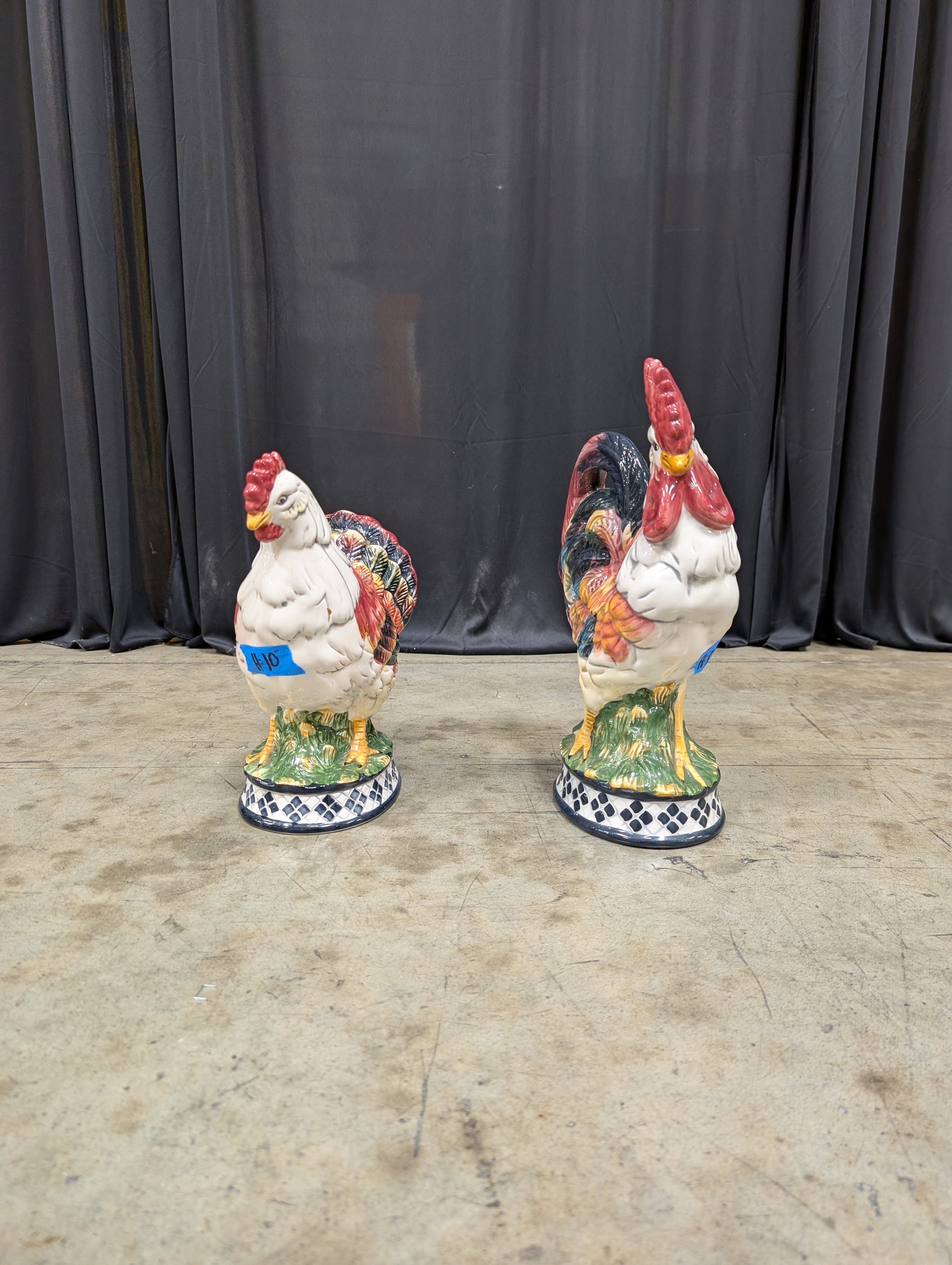 Colorful Ceramic Rooster and Hen Figurines with Checkered Base