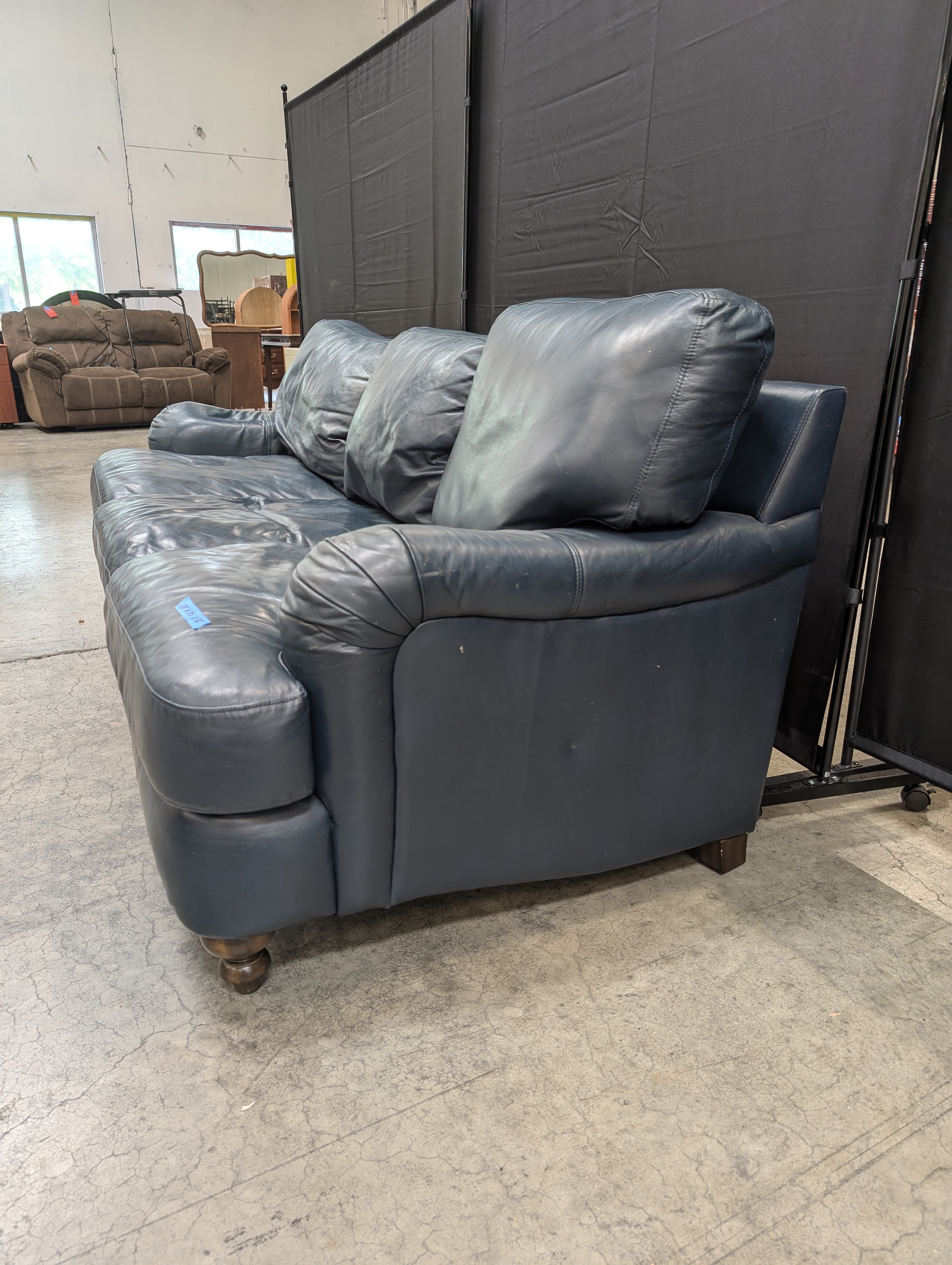 Dark Blue Three-Seat Couch in Leather