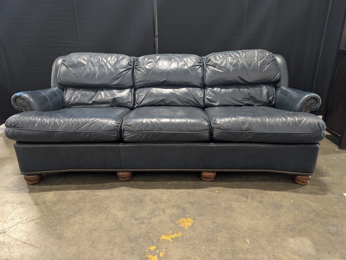 Drexel Dark Blue Leather Three-Cushion Couch with Nailhead Trim