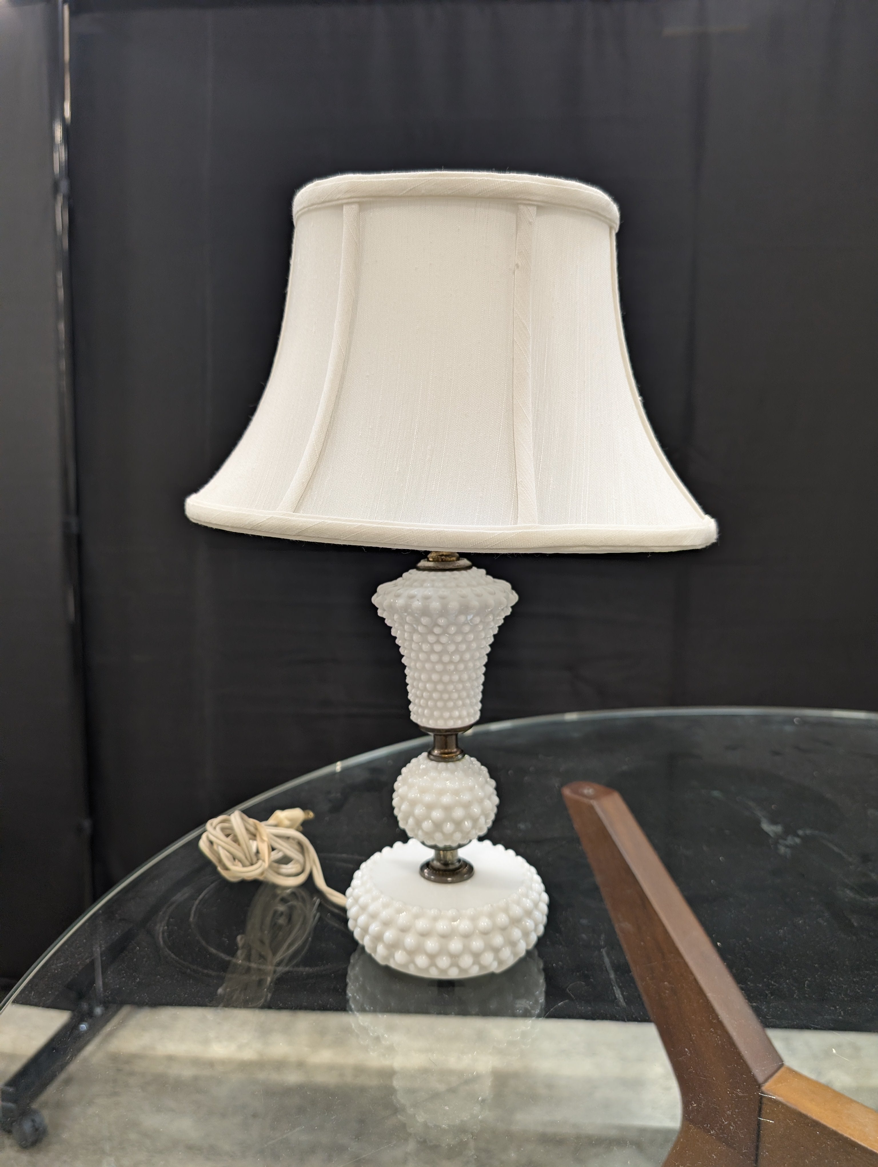 Vintage White Hobnail Milk Glass Table Lamp with Fabric Shade
