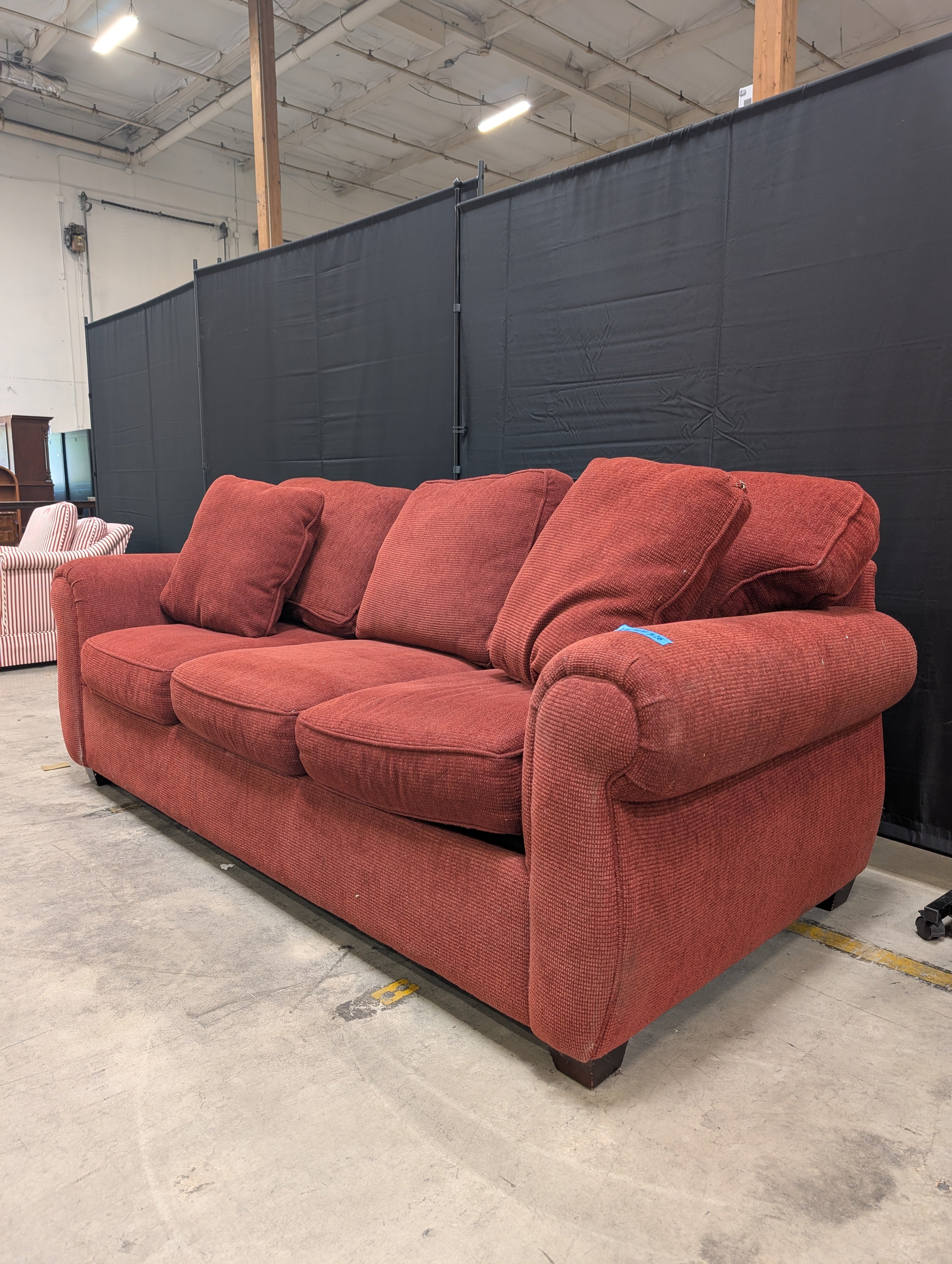 Red Textured Fabric Couch with Rolled Arms