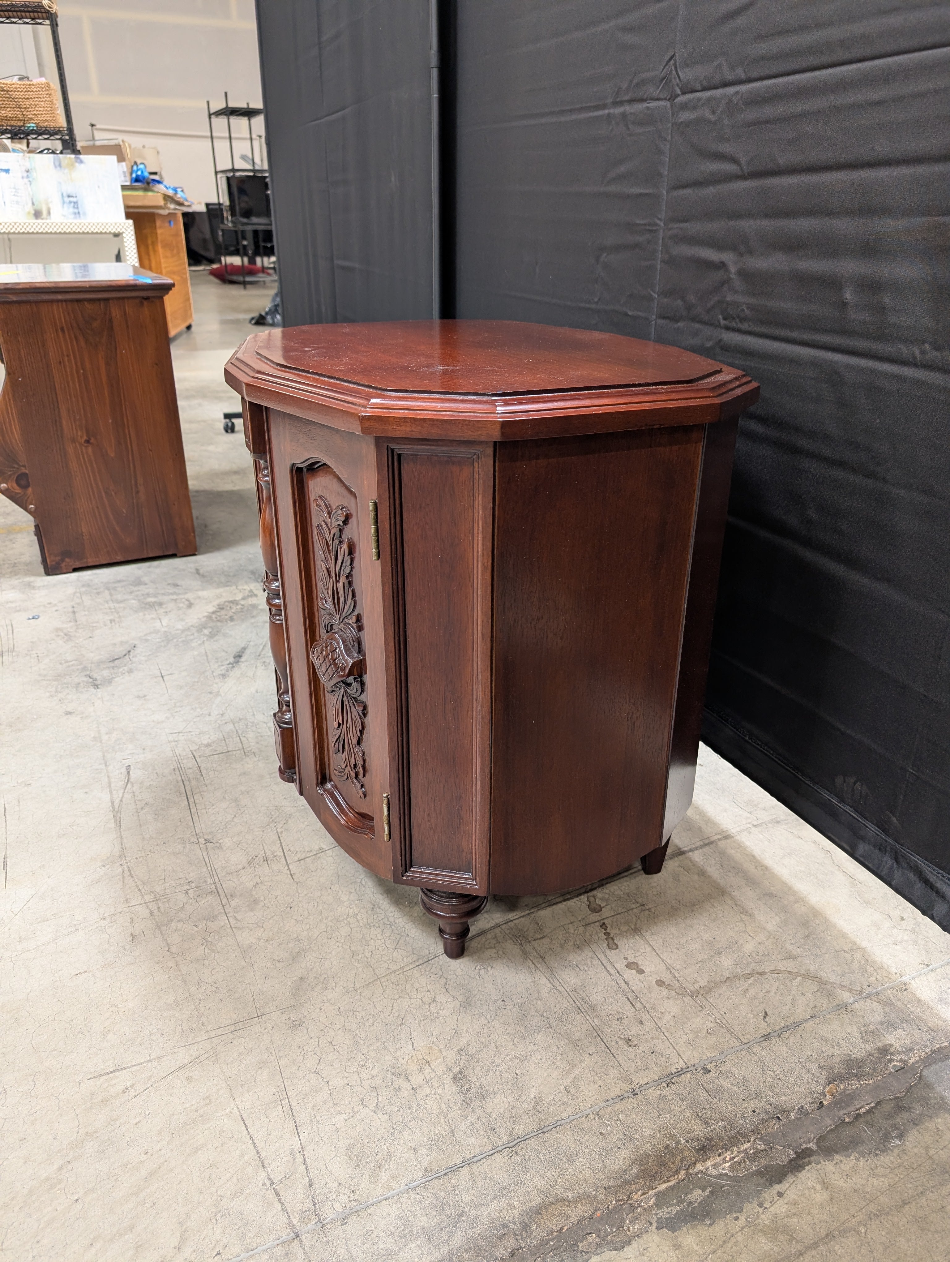 Octagonal Dark Wood REED WARREN Accent Cabinet with Carved Panels