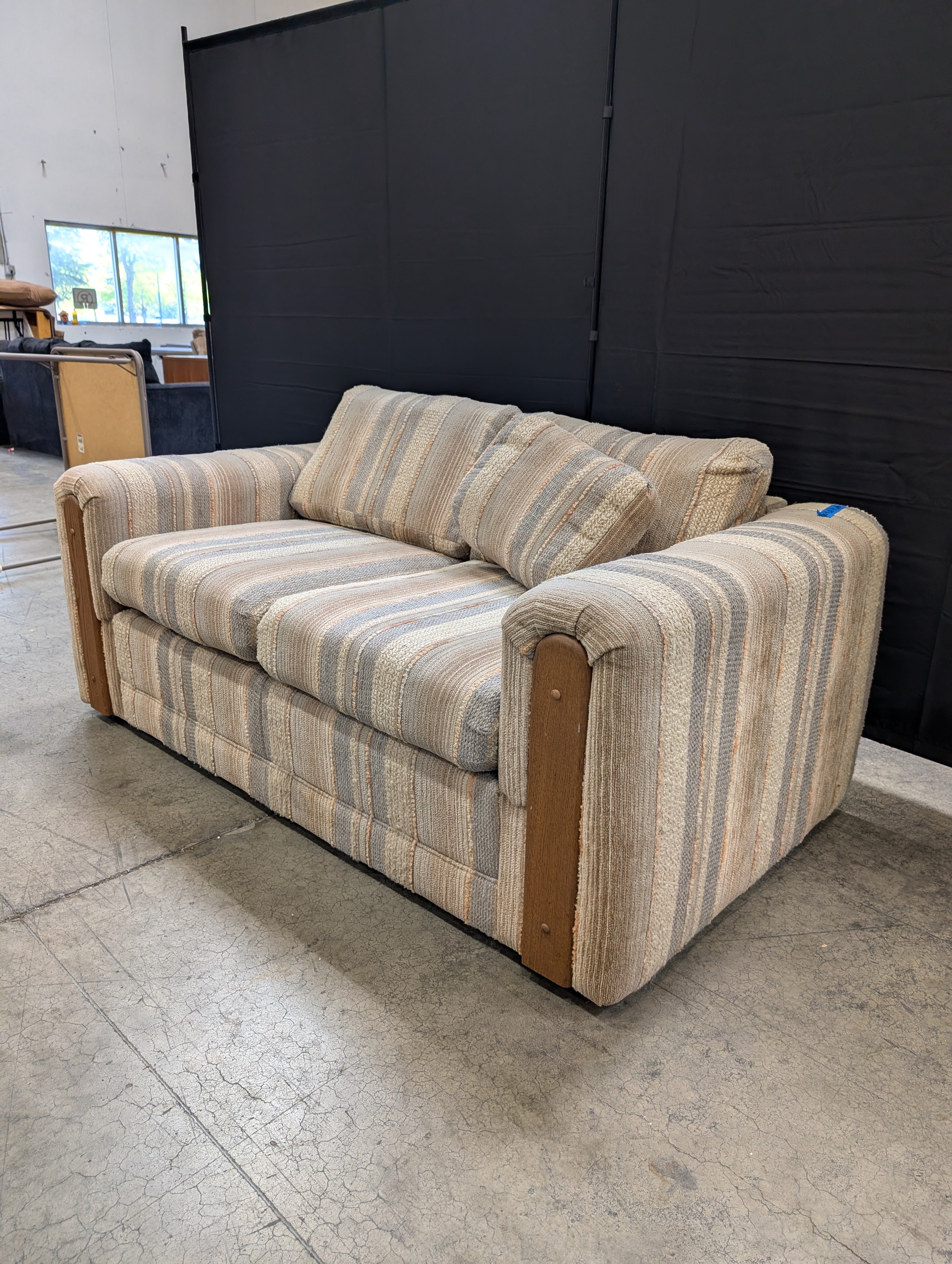 Neutral Stripe Upholstered Loveseat with Wood Arm Accents