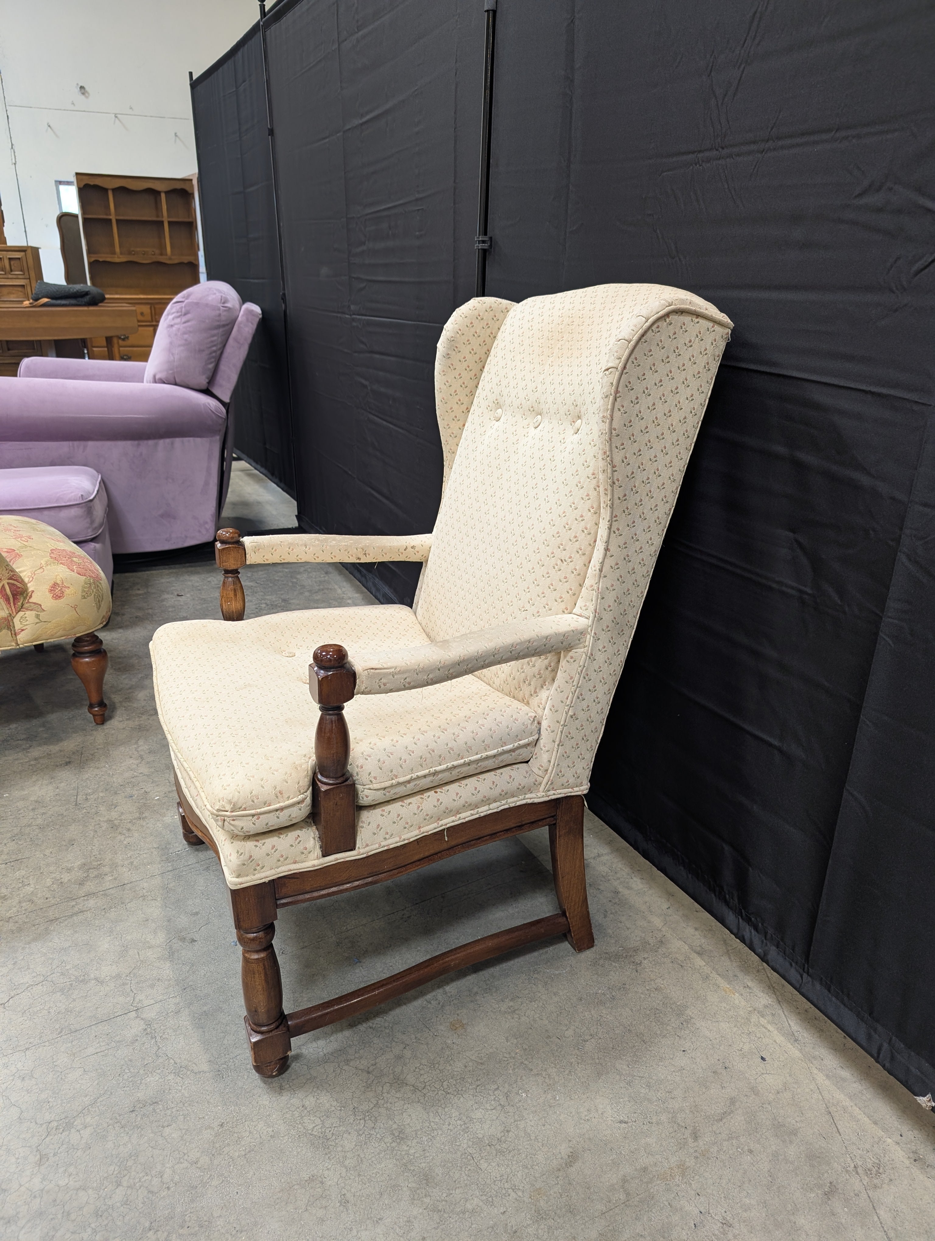 Patterned Beige Fabric Wingback Chair