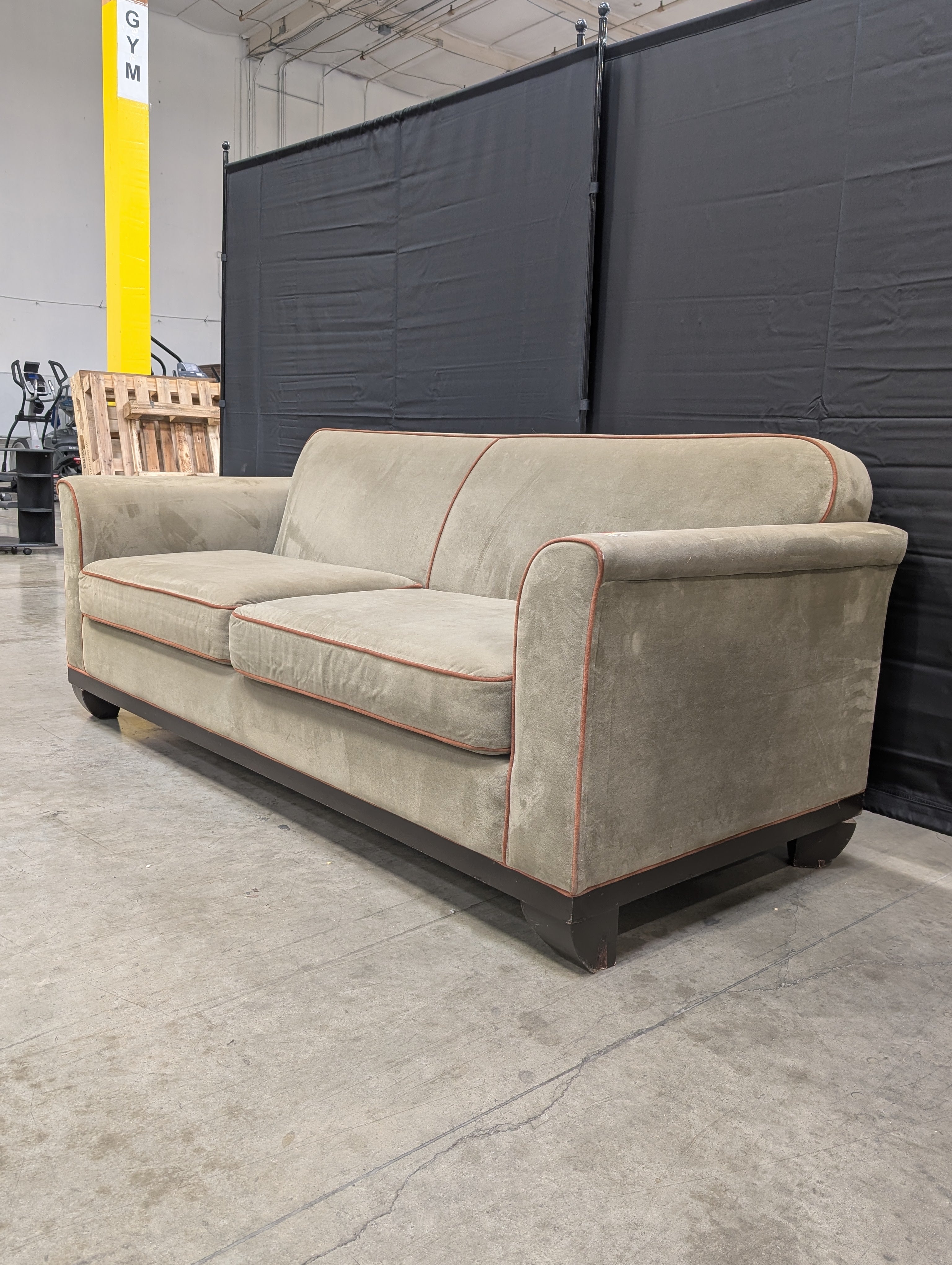 Contemporary Greige Fabric Sofa with Contrasting Red Piping