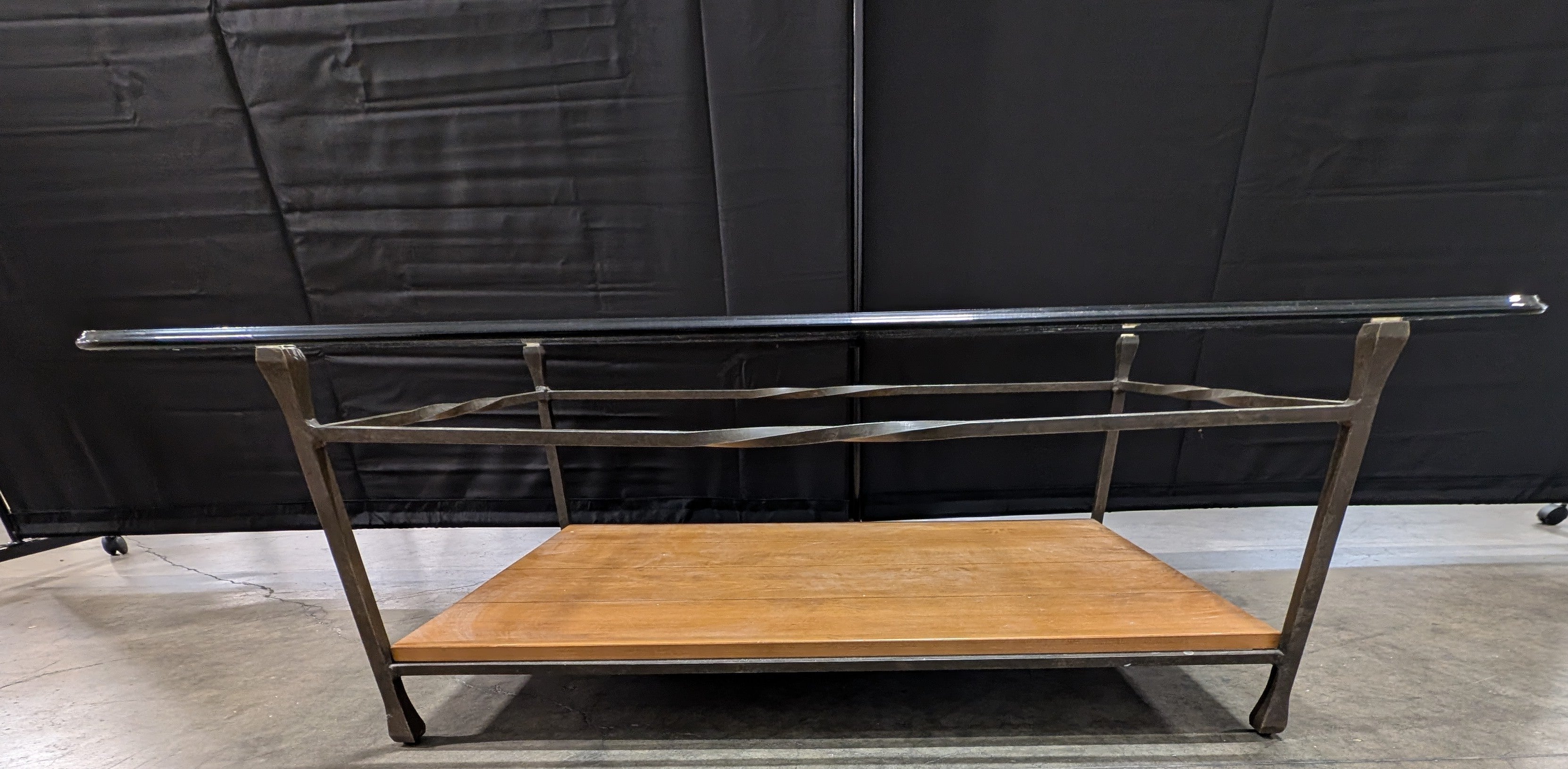 Two-Tier Glass Top Coffee Table with Wood Shelf and Metal Frame