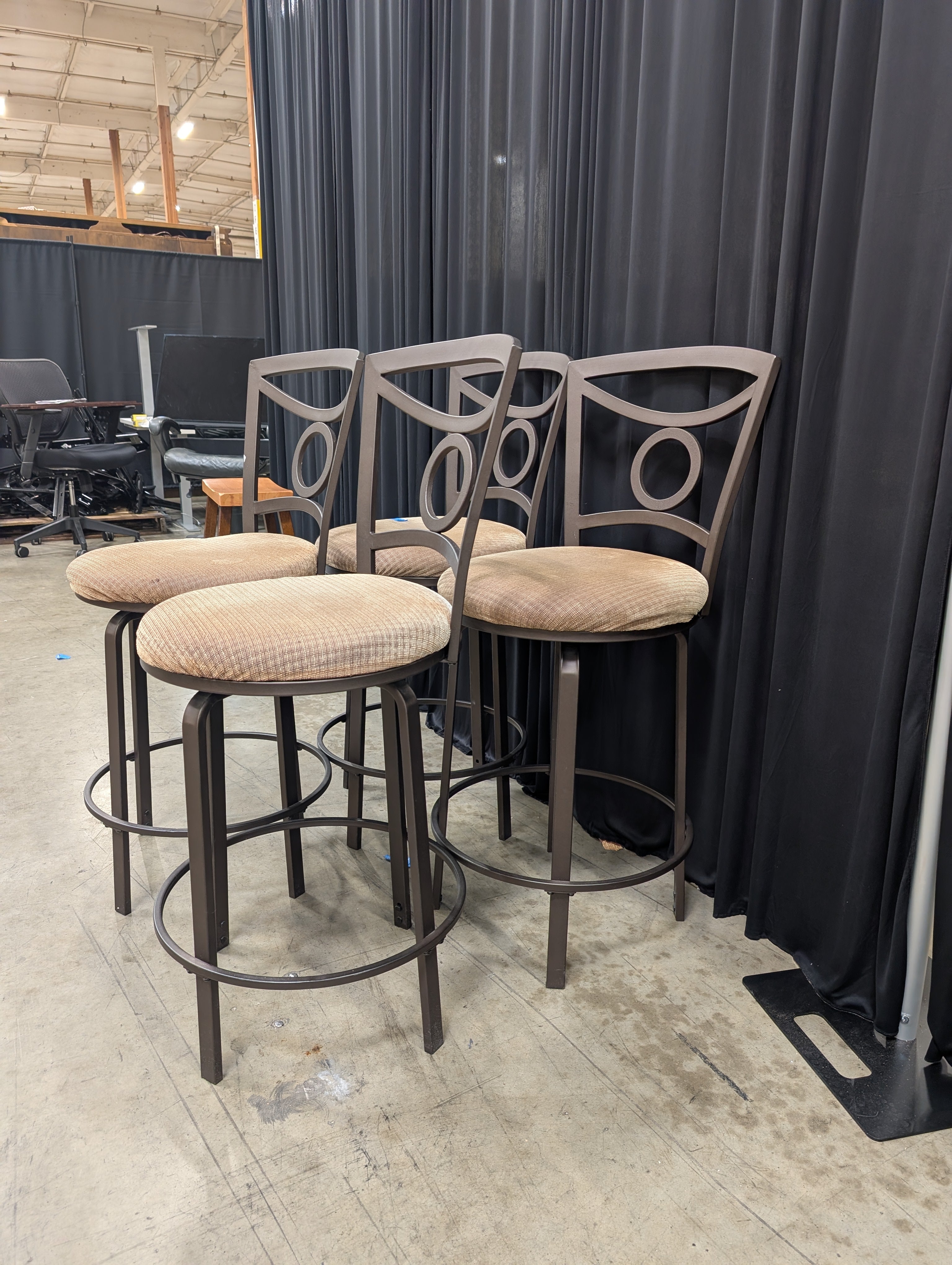 Set of Four Tan Upholstered Swivel Bar Stool in Dark Metal