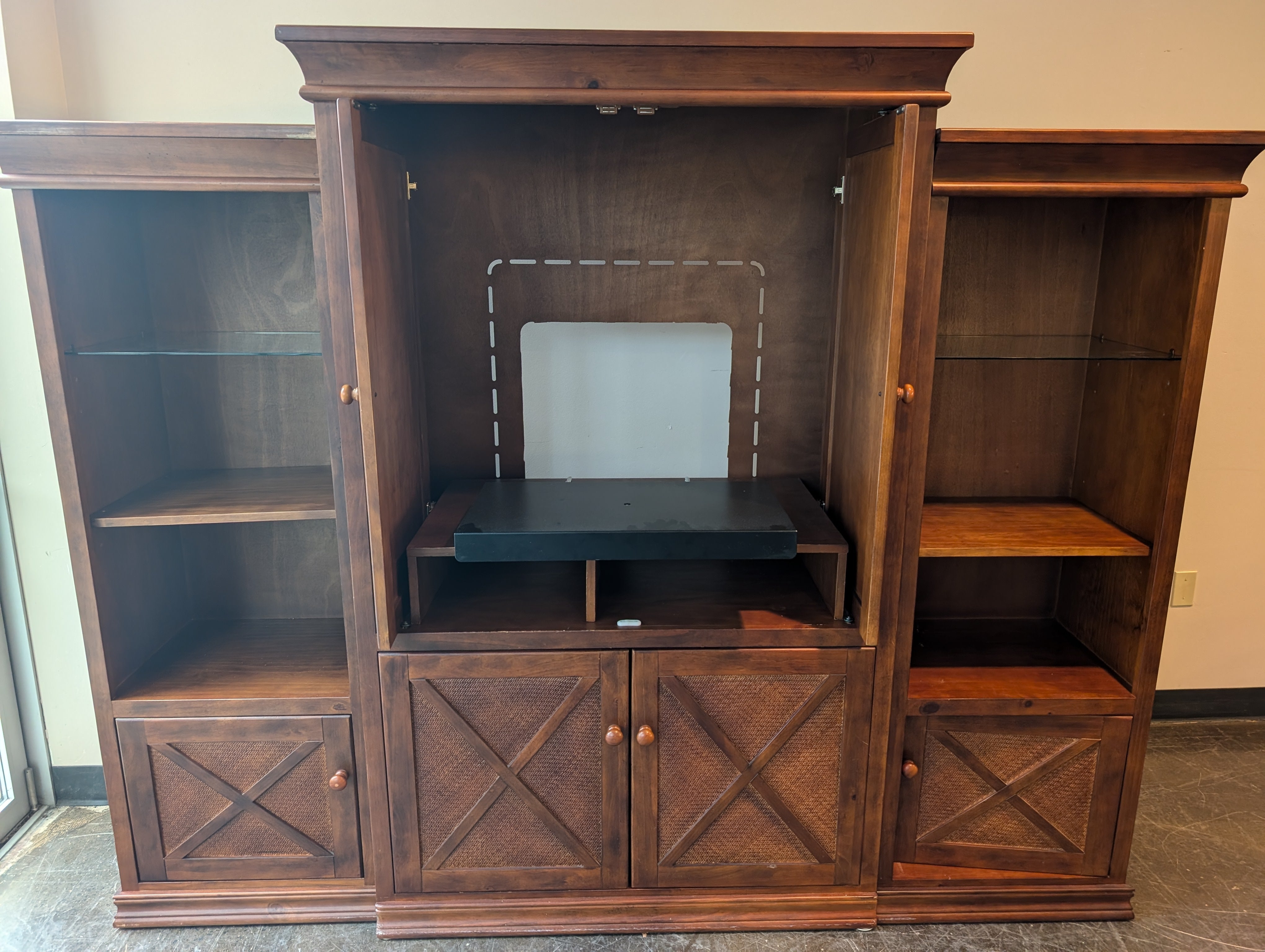 Spacious Brown Wood Entertainment Center with Woven Cabinet Doors