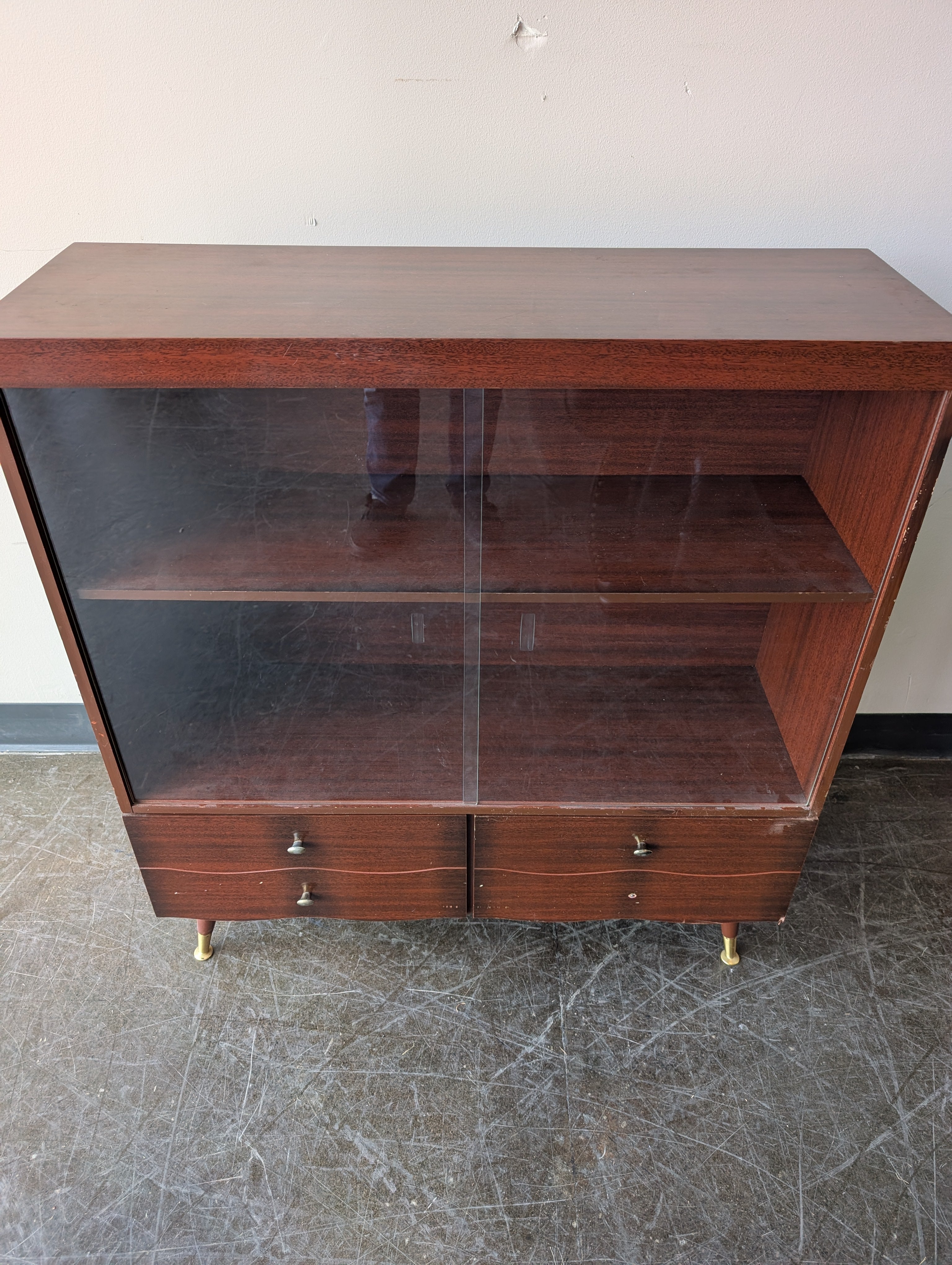 Mid-Century Modern Wood Display Cabinet with Sliding Glass Doors