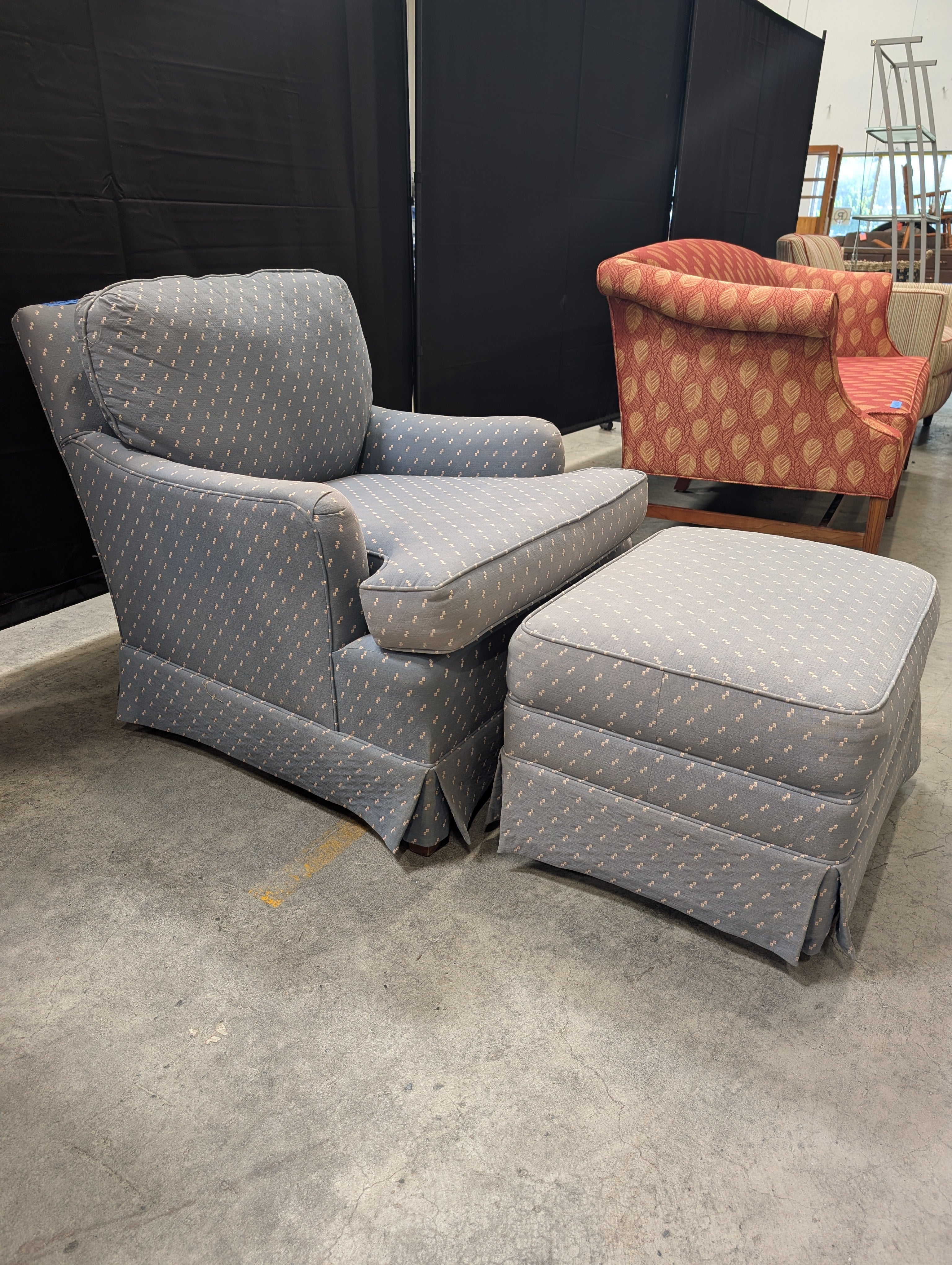 Blue Patterned Fabric Armchair with Rolled Arms with Ottoman