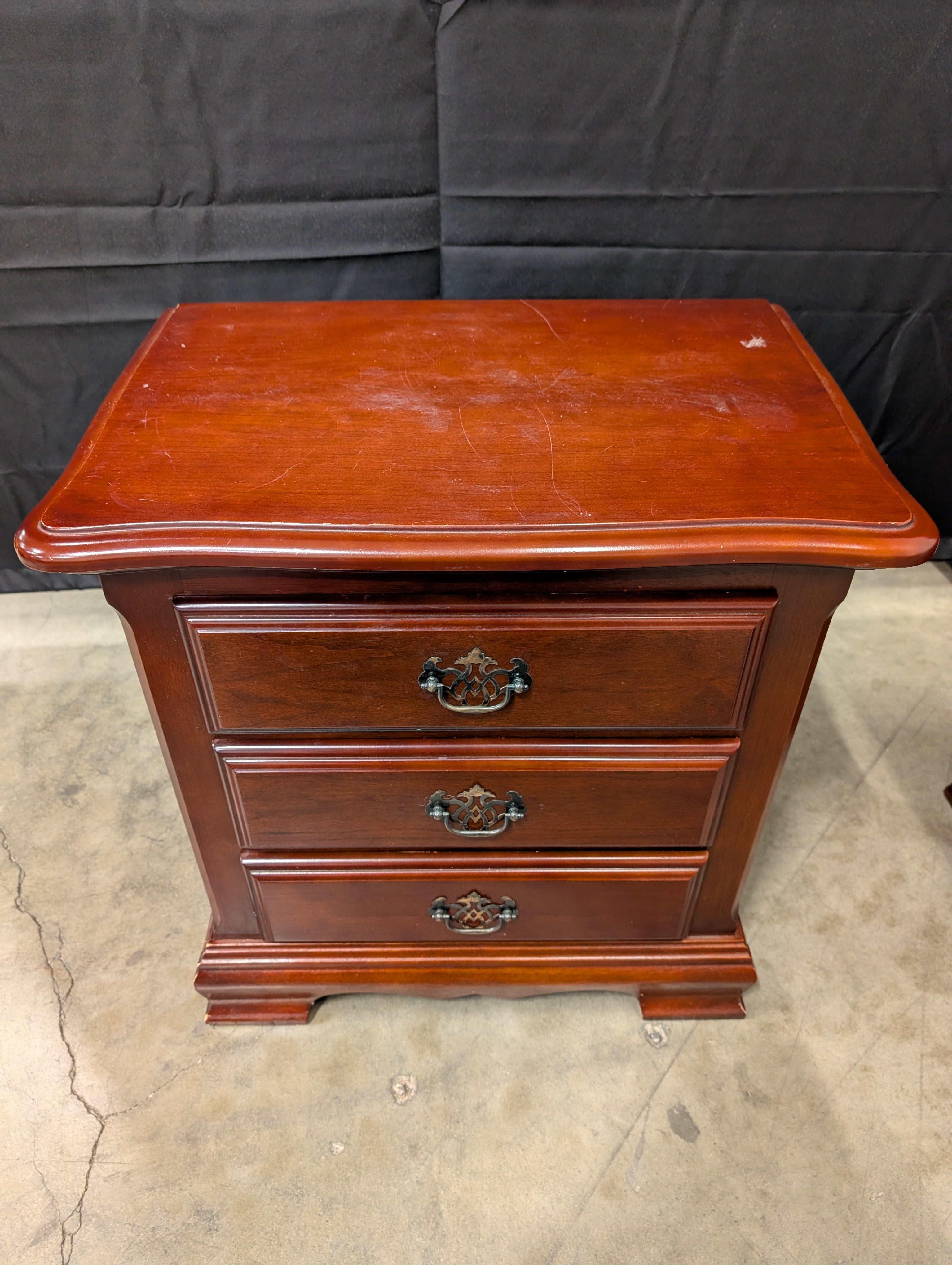 Cherry Finish Wood Nightstand with Three Storage Drawers