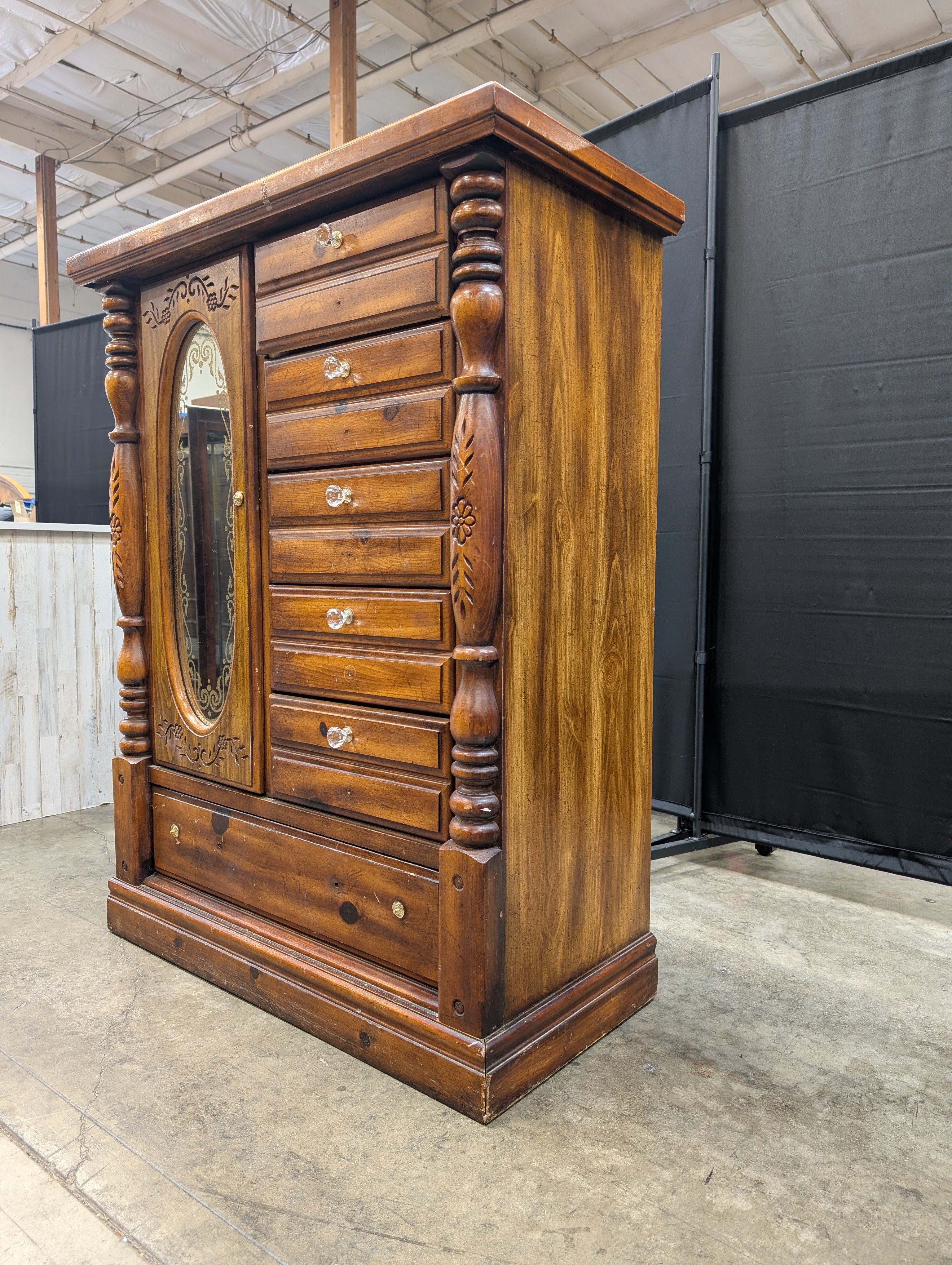 Traditional Hardwood Armoire with Mirrored Door and Carved Details
