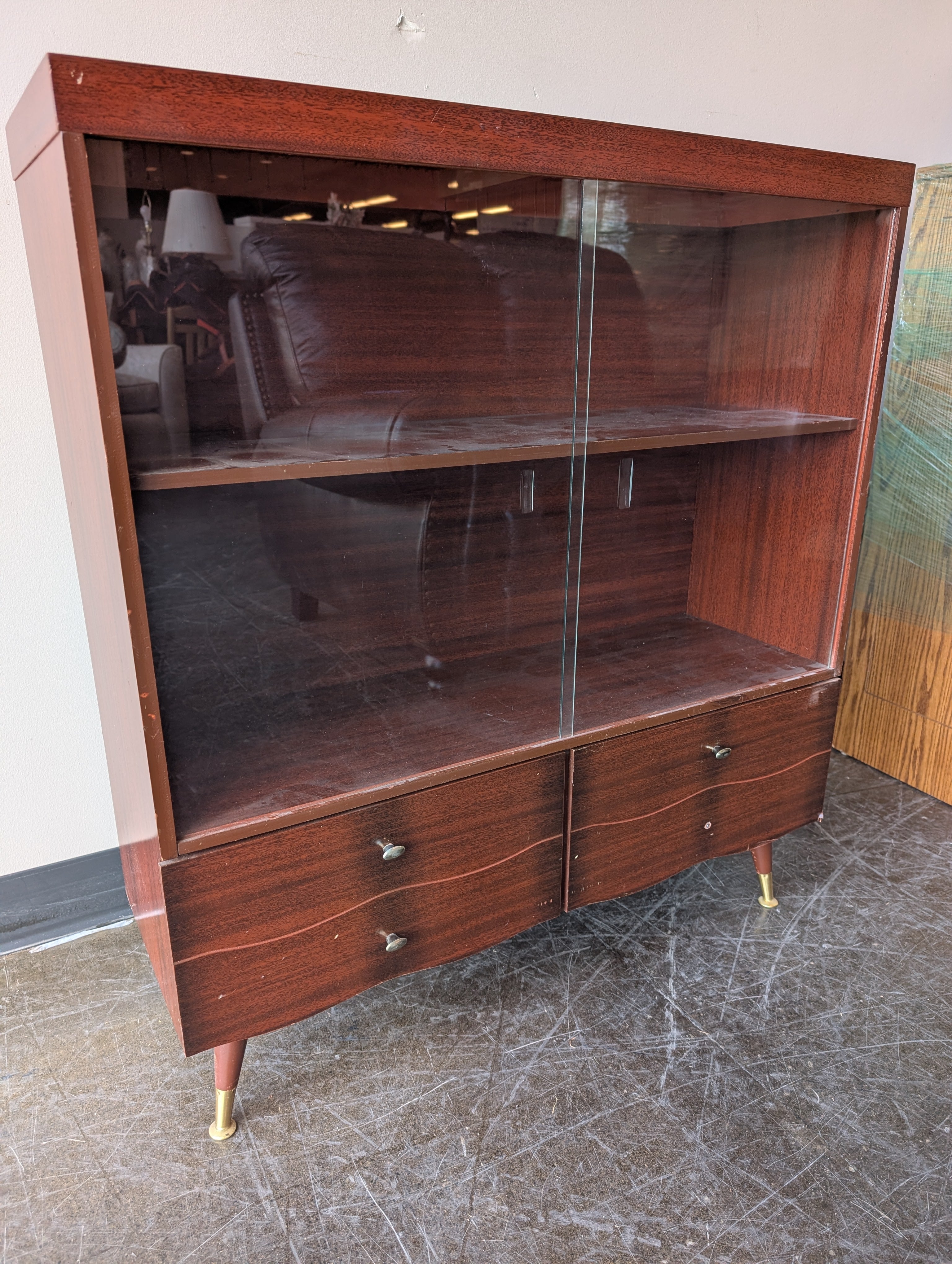 Mid-Century Modern Wood Display Cabinet with Sliding Glass Doors