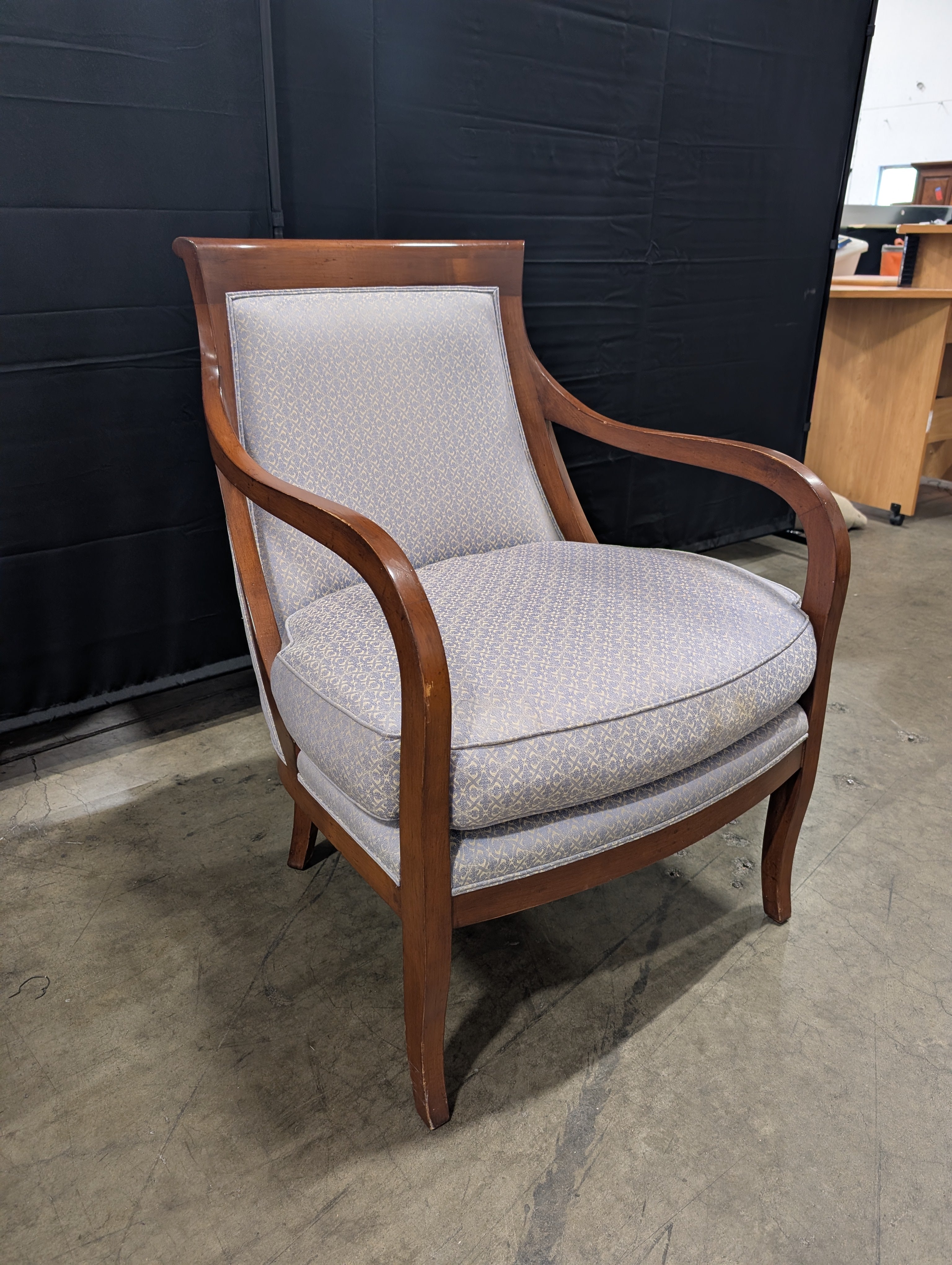 Traditional Dark Wood Armchair with Patterned Upholstery
