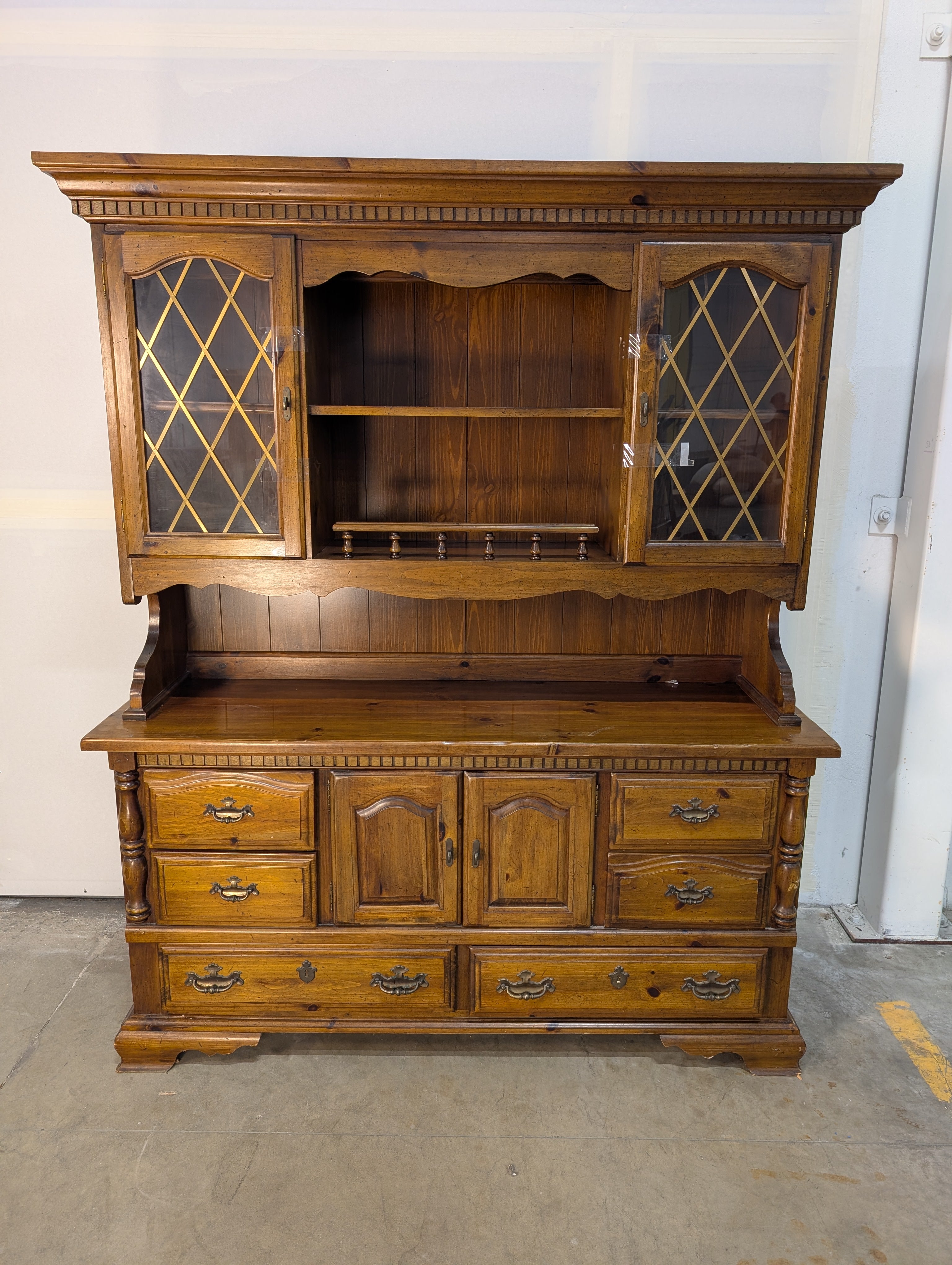 Rustic Hardwood Hutch with Glass-Front Cabinets